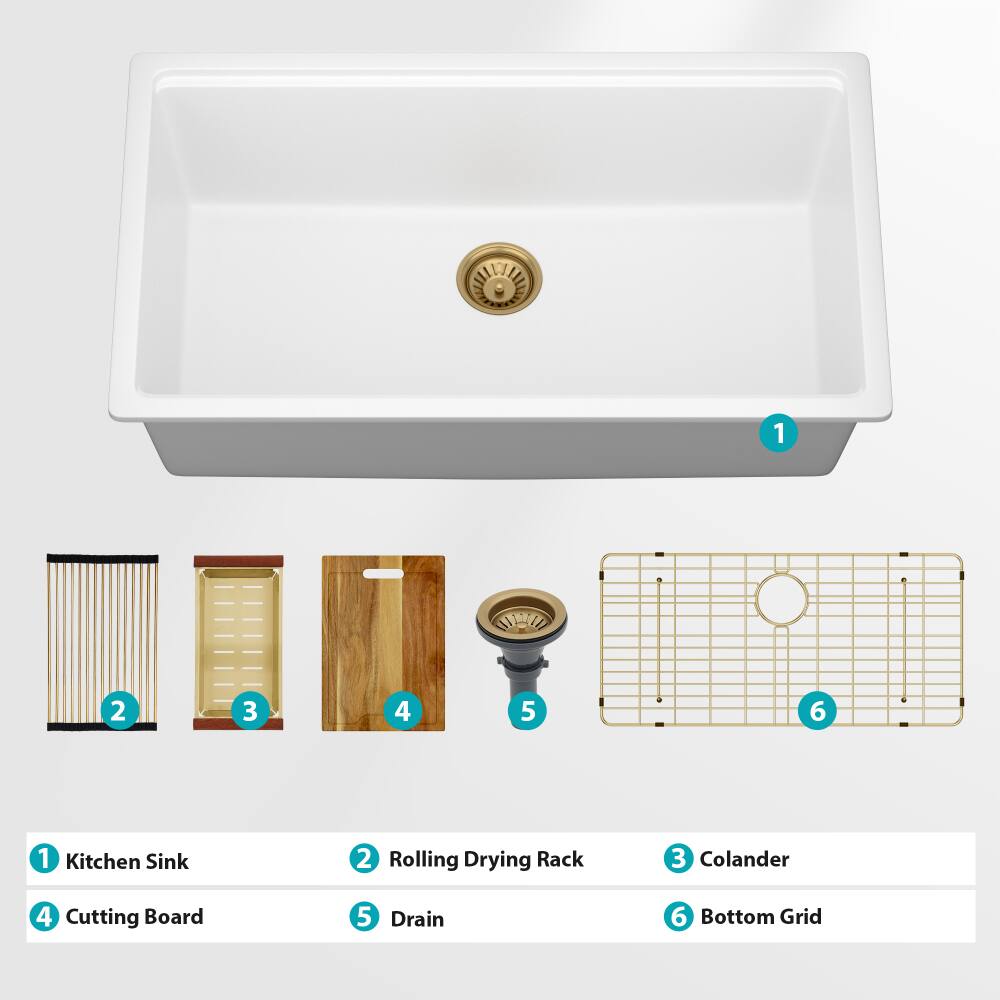 1. Kitchen Sink  
2. Rolling Drying Rack  
3. Colander  
4. Cutting Board  
5. Drain  
6. Bottom Grid
