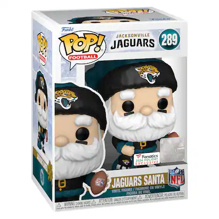 The text on the image is:
"TOP FALIY - .- i 1 Funko JACKSONVILLE JAGUARS 289 1 TAL POP! FOOTBALL BAEINET SATE NFL Fanatics 2024 HOLIDAY KCLUSIVE NFL JAGUARS SANTA NFL FIGURINE EN VINYLE FIGURE / VINYL DE VINIL FIGURA PELIGRO DE ASFIXIA, D'TOUFFEMENT A ADVERTENCIA: para mirlos menores de 28 neses DANGER pequeras e adecuado HAZARD, A ATTENTION: - entants de moins de 36 noi Partes A WARNING: CHOKING Petfes pieces. M convient [ chidren under 6 morths sutable b Smal pet"
Corrected and grouped text:
"TOP FALIY - .- i 1 Funko JACKSONVILLE JAGUARS 289 1 TAL POP! FOOTBALL BAEINET SATE NFL Fanatics 2024 HOLIDAY KCLUSIVE NFL JAGUARS SANTA NFL FIGURINE EN VINYLE FIGURE / VINYL DE VINIL FIGURA PELIGRO DE ASFIXIA, D'TOUFFEMENT A ADVERTENCIA: para niños menores de 28 meses. DANGER pequeras partes. A ATTENTION: - enfants de moins de 36 mois. WARNING: CHOKING HAZARD, SMALL PARTS. Not suitable for children under 3 years."