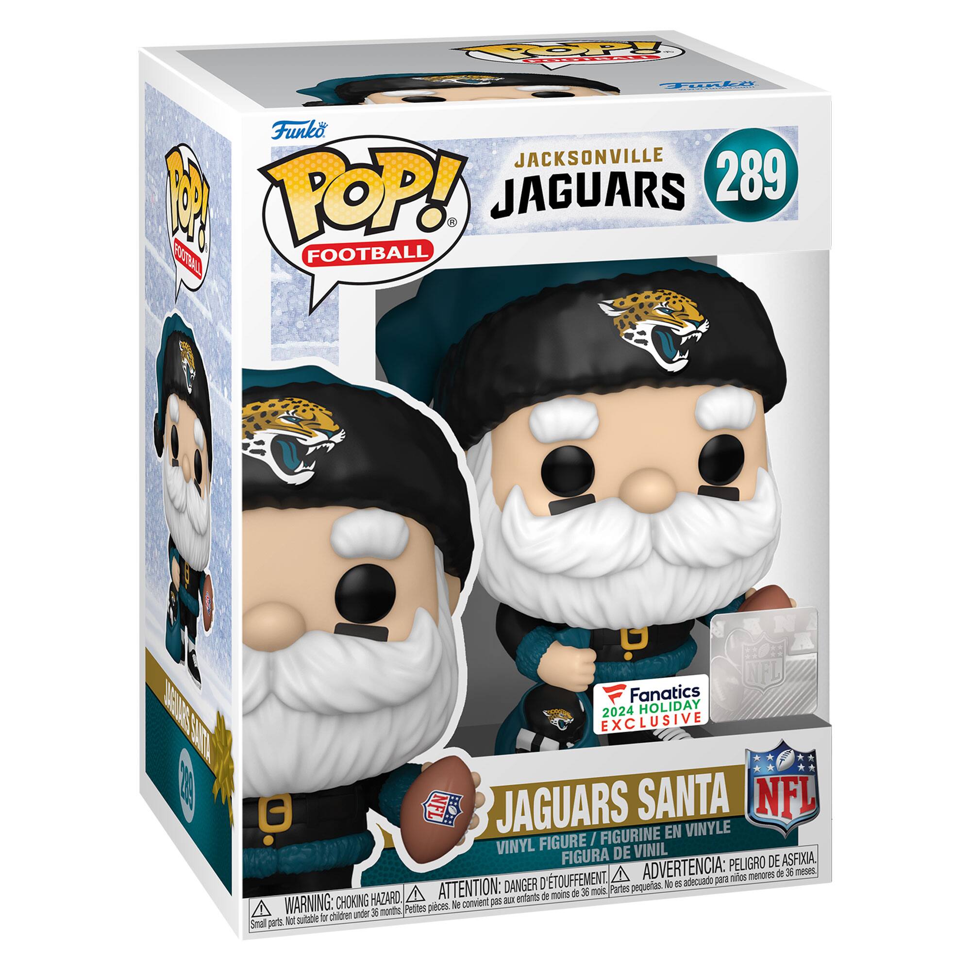 The text on the image is:

"TOP FALIY - .- i 1 Funko JACKSONVILLE JAGUARS 289 1 TAL POP! FOOTBALL BAEINET SATE NFL Fanatics 2024 HOLIDAY KCLUSIVE NFL JAGUARS SANTA NFL FIGURINE EN VINYLE FIGURE / VINYL DE VINIL FIGURA PELIGRO DE ASFIXIA, D'TOUFFEMENT A ADVERTENCIA: para mirlos menores de 28 neses DANGER pequeras  e adecuado HAZARD, A ATTENTION: - entants de moins de 36 noi Partes A WARNING: CHOKING Petfes pieces. M convient [ chidren under 6 morths  sutable b Smal pet"

Corrected and grouped text:

"TOP FALIY - .- i 1 Funko JACKSONVILLE JAGUARS 289 1 TAL POP! FOOTBALL BAEINET SATE NFL Fanatics 2024 HOLIDAY KCLUSIVE NFL JAGUARS SANTA NFL FIGURINE EN VINYLE FIGURE / VINYL DE VINIL FIGURA PELIGRO DE ASFIXIA, D'TOUFFEMENT A ADVERTENCIA: para niños menores de 28 meses. DANGER pequeras partes. A ATTENTION: - enfants de moins de 36 mois. WARNING: CHOKING HAZARD, SMALL PARTS. Not suitable for children under 3 years."