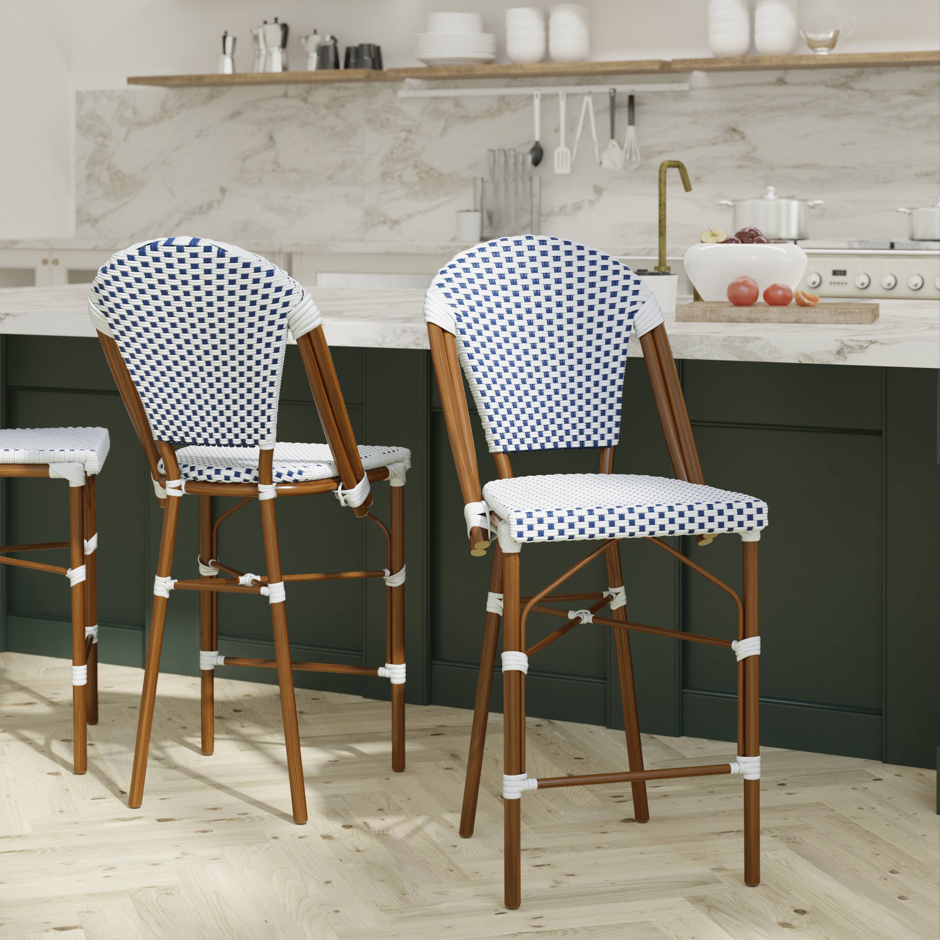 Alt View 2. Emma + Oliver - Colmar Set of Two Indoor/Outdoor 26" High Stacking Bistro Counter Stools with Patterned Seat and Back and Metal Frames - White & Navy/Natural Frame.