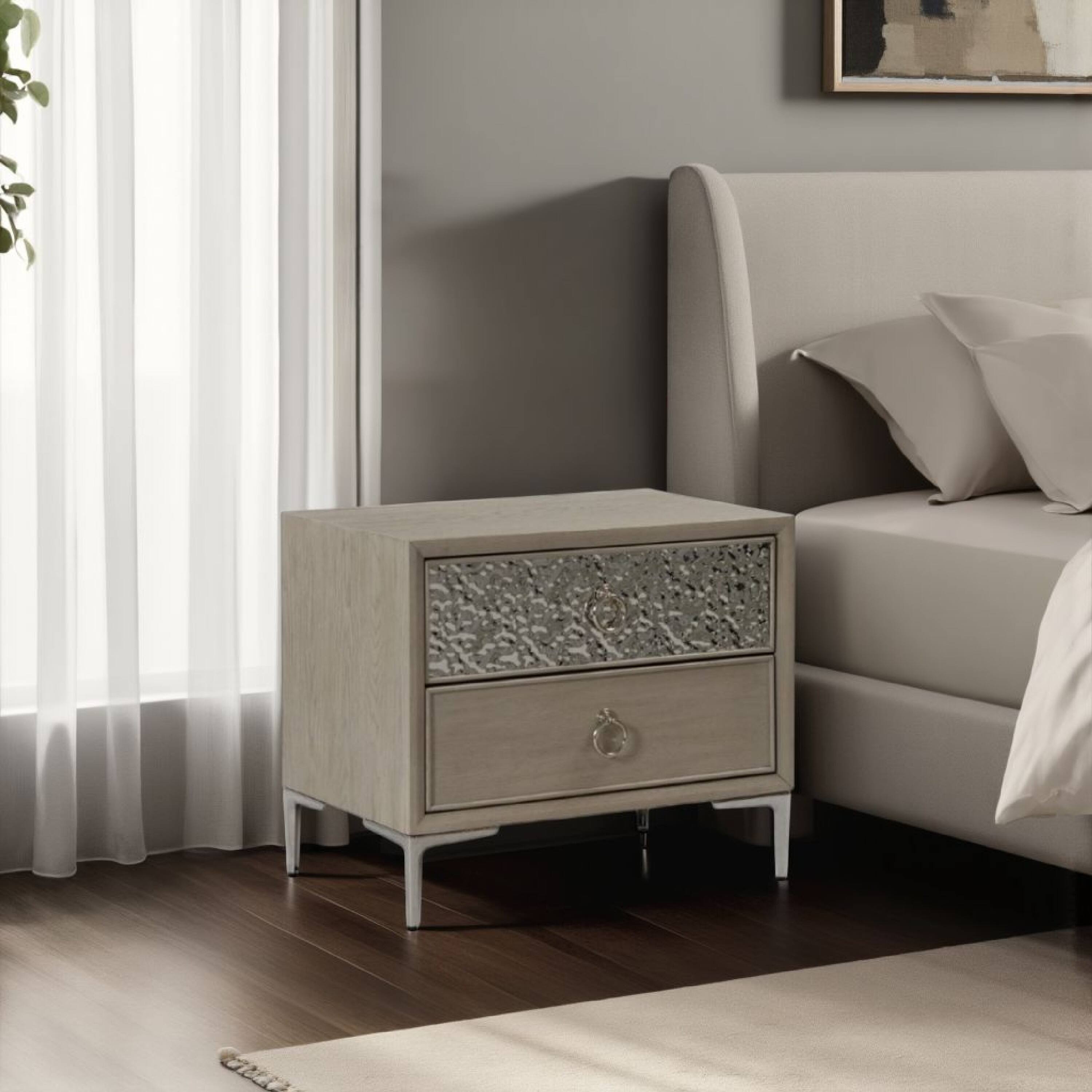 Alt View 5. Manhattan Lane - Kaira Nightstand with 2 USB Ports, Textured Metal - Natural Oak Brown, Silver, Champagne.