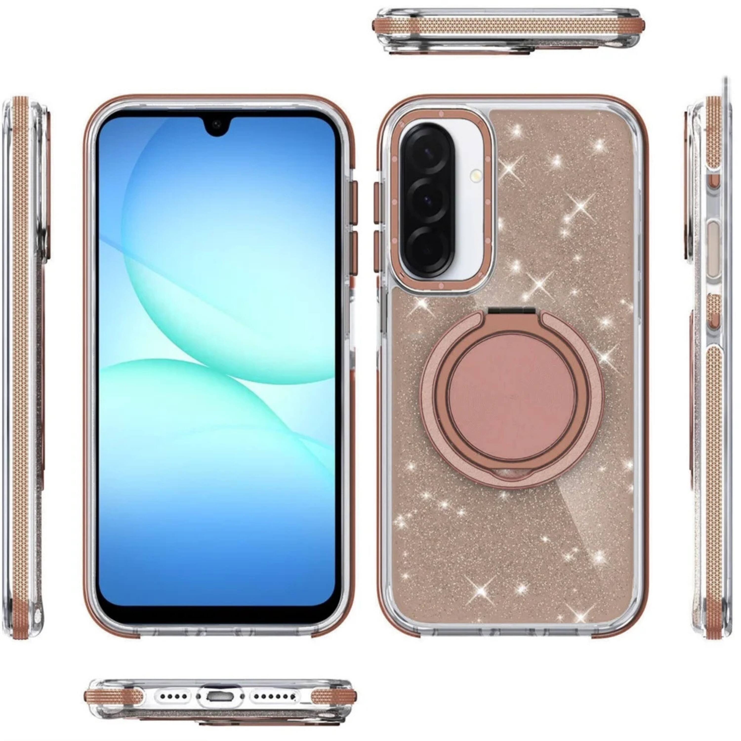 Angle. Kitcheniva - Magnetic Circle Glitter Case For Samsung A17 5G With Ring Stand And Tempered Glass Gold - Gold.