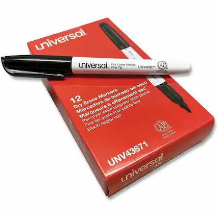 universal. CIIAOMT NR . universai.. Dry Erase Marker Fine Tip UNV43671 Lansom - - . - un seco en sec 12 Markers de borrado stylo plume Erase boligrafo/ fine Dry Marcadors pointe estilo fina/ Pen style/ punta noir tip/ negro/ NOME Fine Black/ AP Contonmeto ASIMD 4236 UNV43671 universal