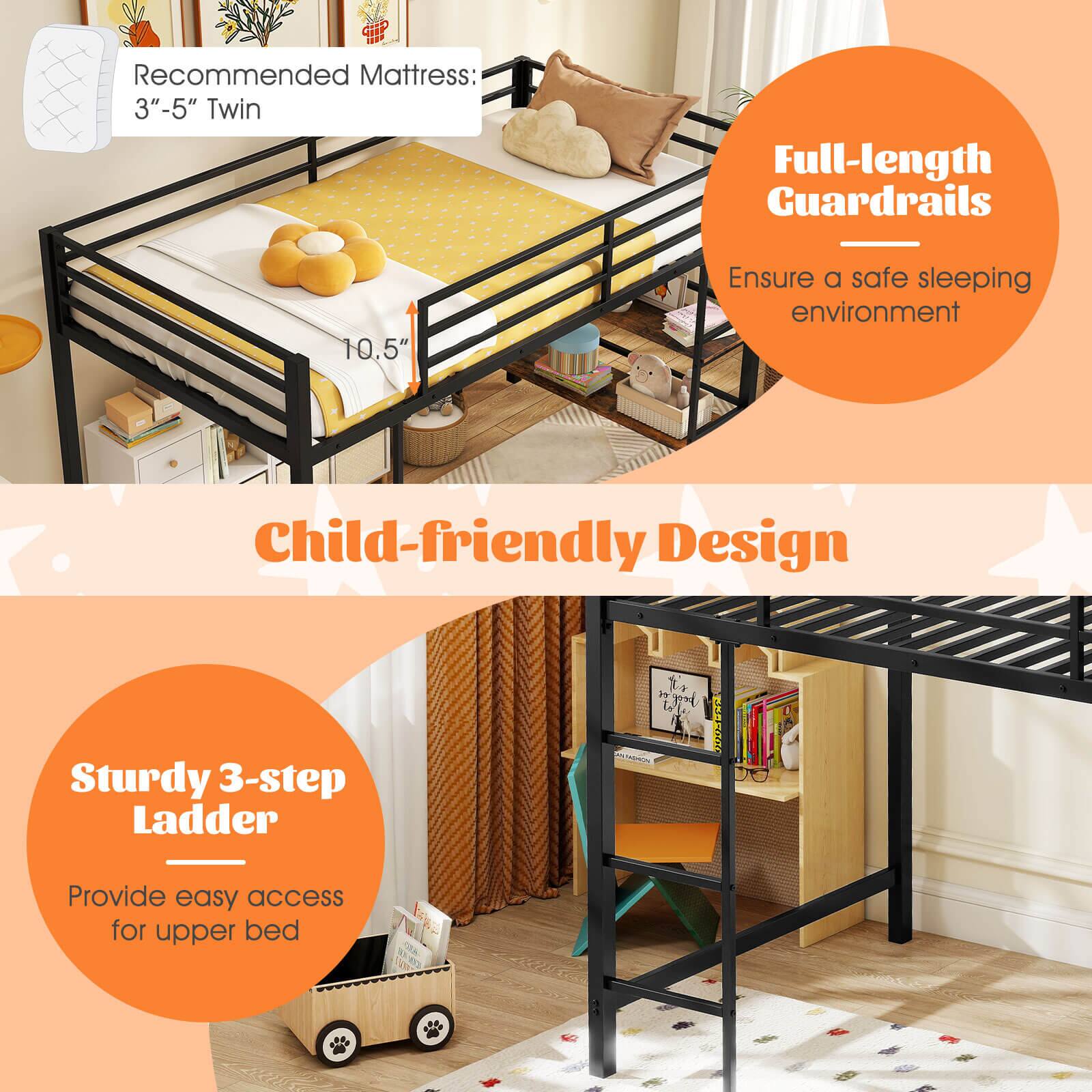 Recommended Mattress: 3"-5" Twin

Full-length Guardrails
Ensure a safe sleeping environment

Child-friendly Design

Sturdy 3-step Ladder
Provide easy access for upper bed