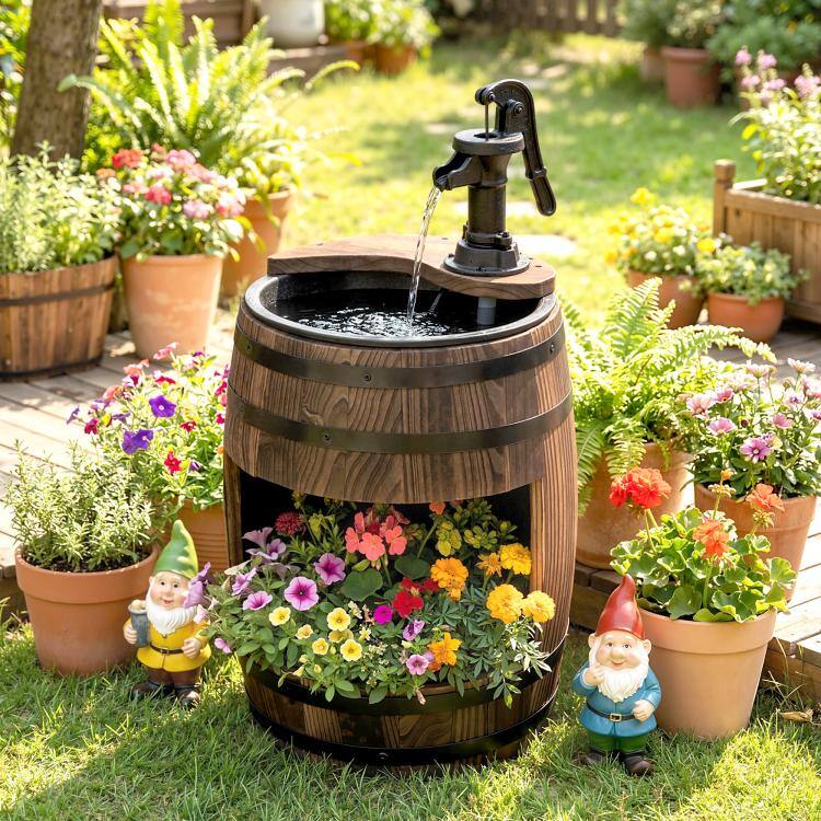 Alt View 9. PULUZ - 23 inch H Outdoor Water Fountain Wood and Plastic Rustic Apple Barrel Pump Garden Decor for Outside Backyard.