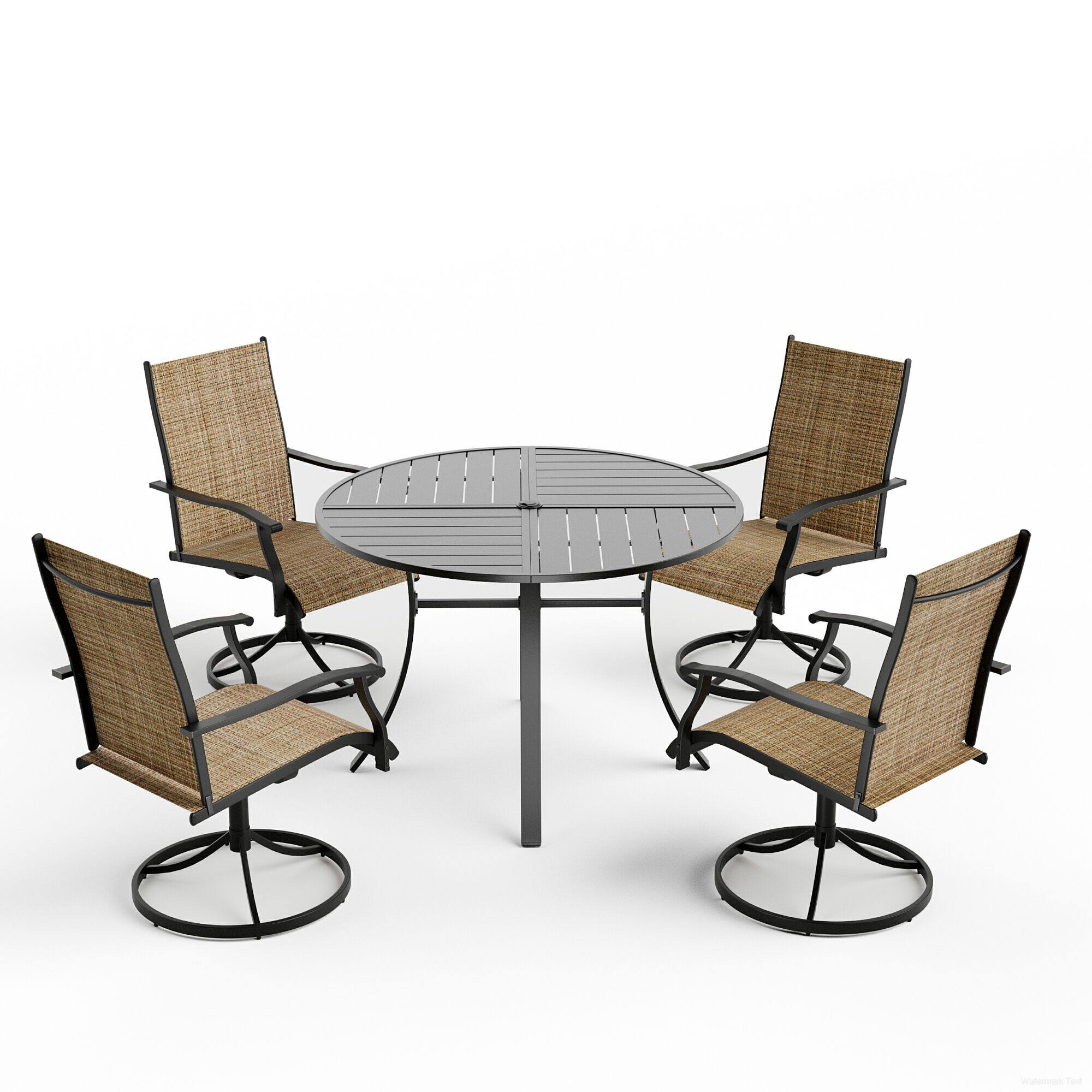 Alt View 5. U-HOMY - Patio Dining Set, Outdoor Round Table and 4 Fixed Chairs, Textilene Patio Chairs with Umbrella Hole for Garden, Backyard - Brown.