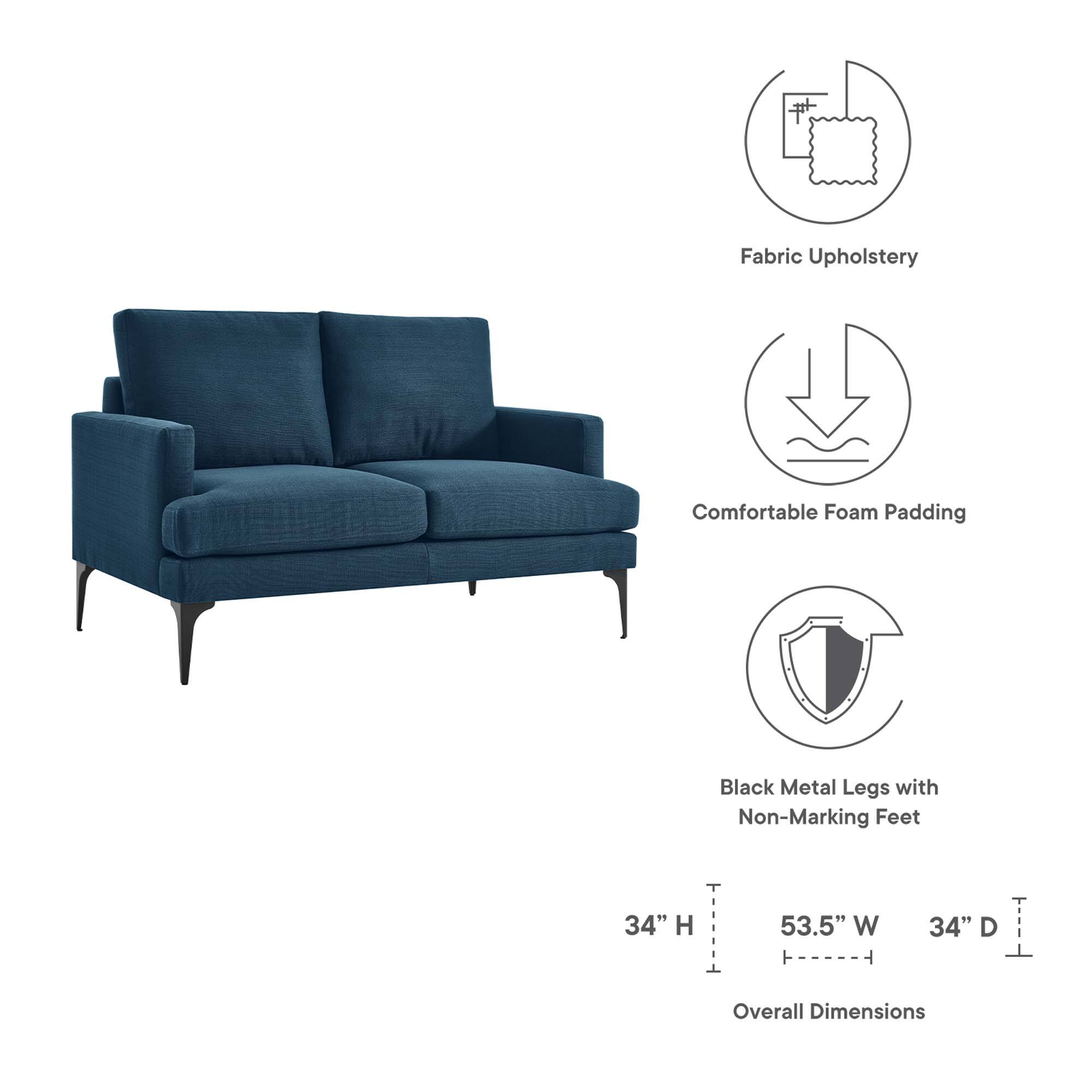 Fabric Upholstery  
Comfortable Foam Padding  
Black Metal Legs with Non-Marking Feet  

34" H  
53.5" W  
34" D  

Overall Dimensions