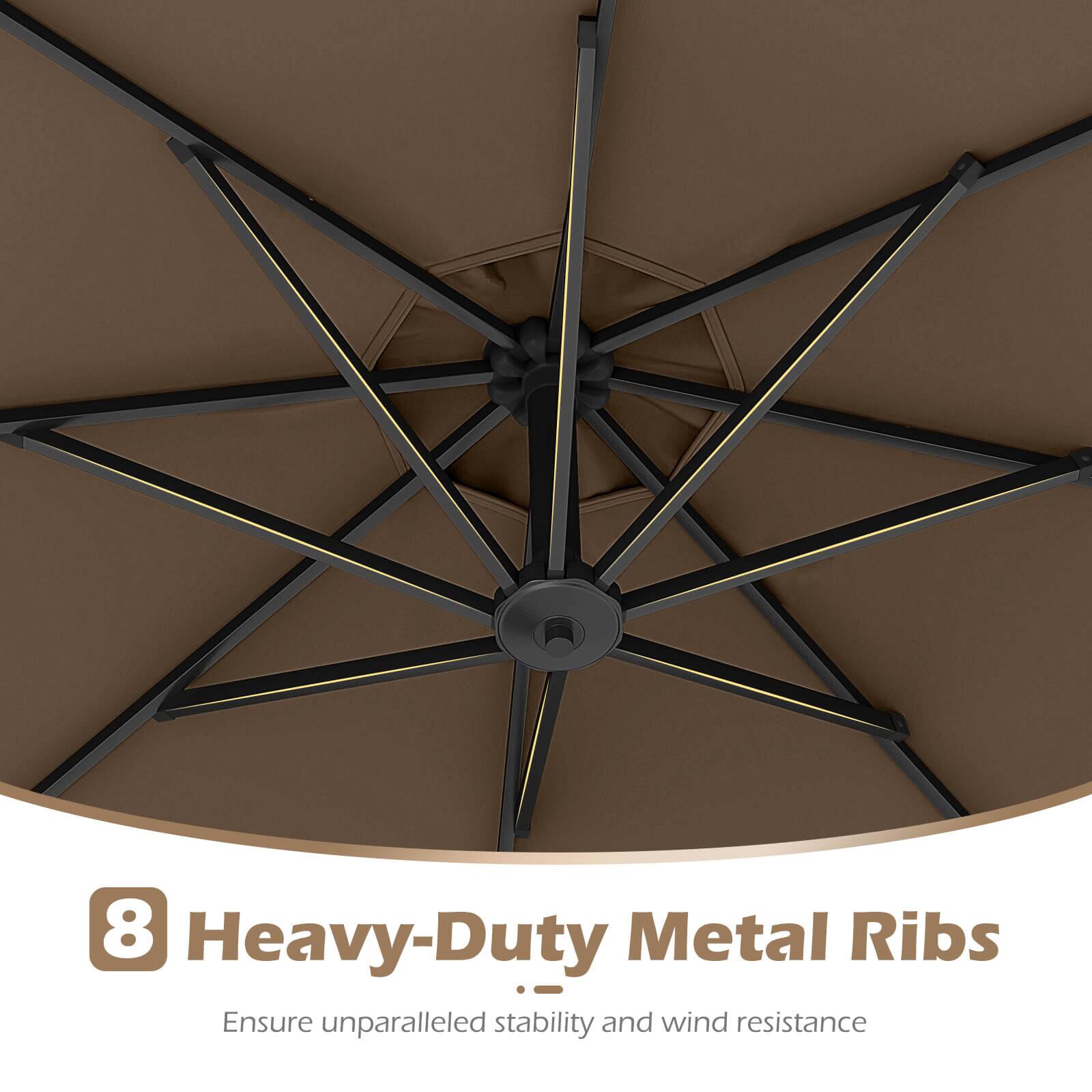 The text on the image reads: "8 Heavy-Duty Metal Ribs i Ensure unparalleled stability and wind resistance."