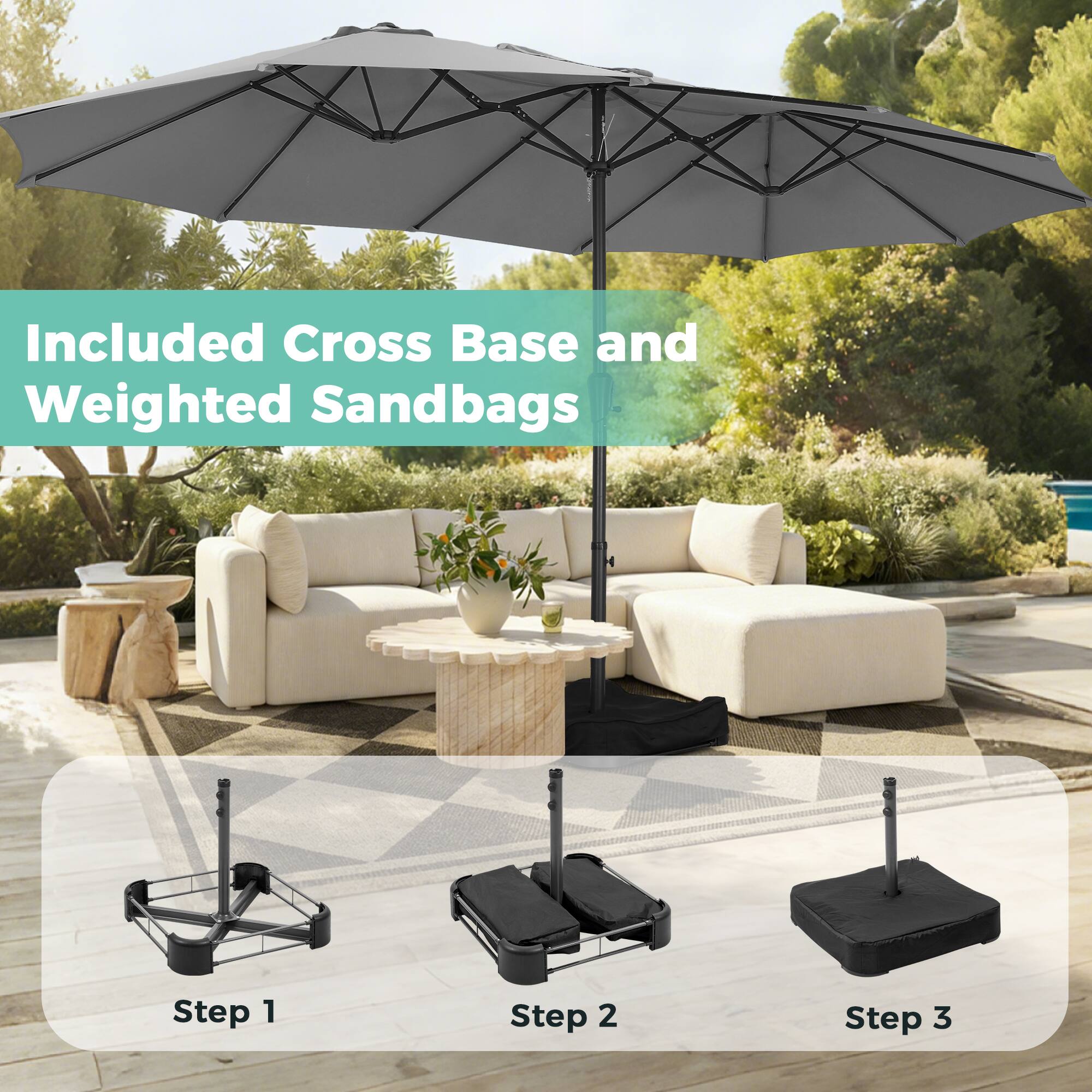 Included Cross Base and Weighted Sandbags  
Step 1  
Step 2  
Step 3