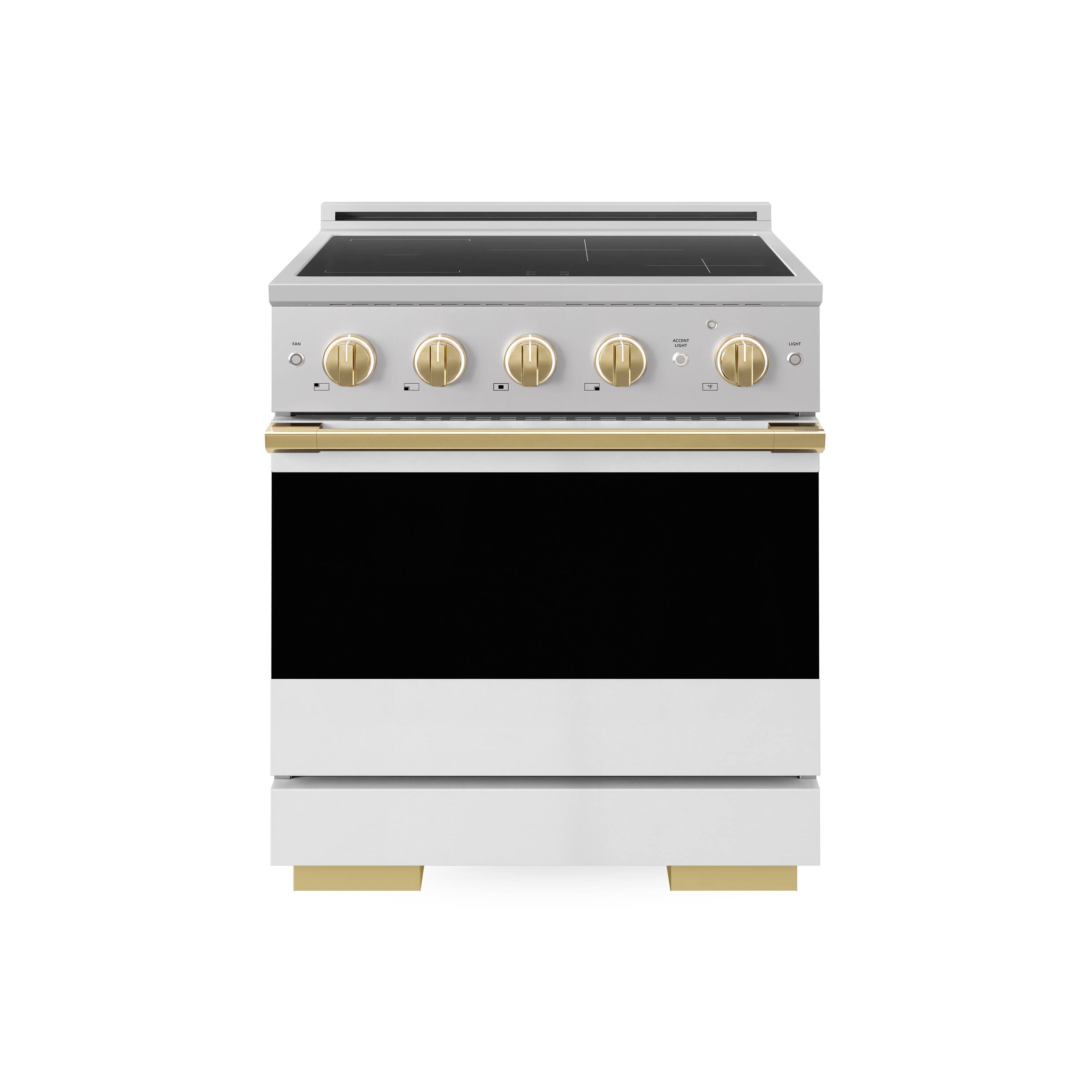Front. ZLINE - Autograph 30 in. 4.2 cu. ft. Marino Freestanding Induction Range with 4 Burners and Gold Accents with White Door - White Matte.