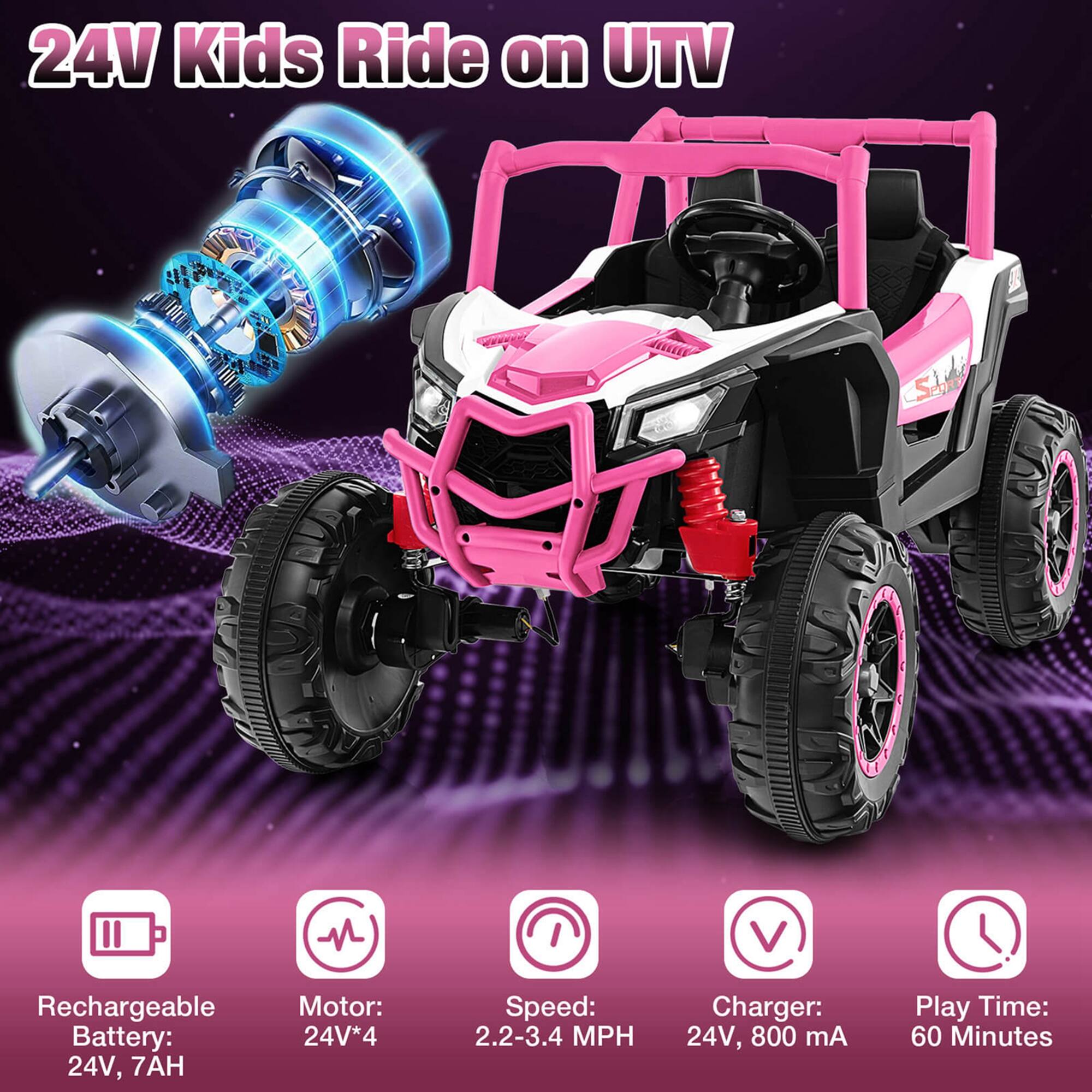 24V Kids Ride on UTV

- Rechargeable Battery: 24V, 7AH
- Motor: 24V*4
- Speed: 2.2-3.4 MPH
- Charger: 24V, 800 mA
- Play Time: 60 Minutes