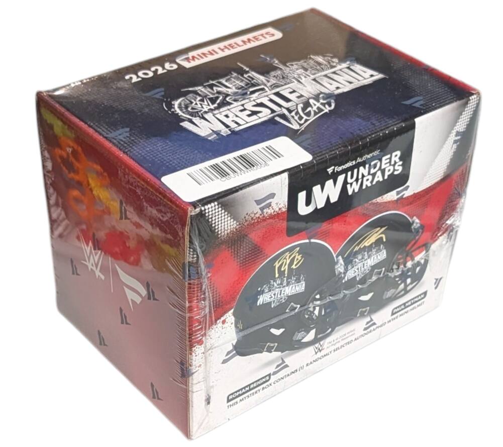 2026 Mini Helmets  
Wrestlemania Vegas  
Authentic Fanatics Under Wraps  
1 of 1  
Bestlemano  
Roman Reigns  
This Mystery Box Contains 1 Randomly Selected Autographed Mini Helmet