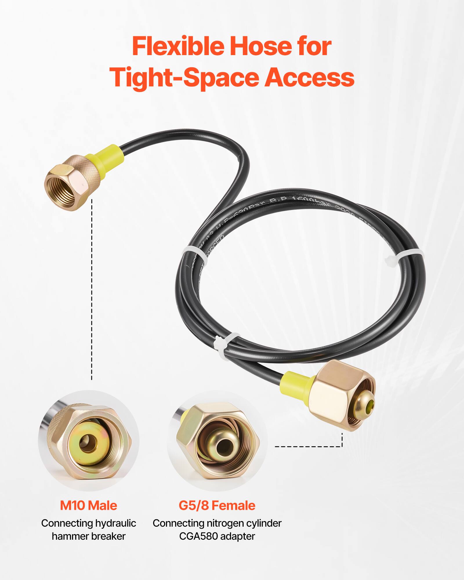 Flexible Hose for Tight-Space Access

- M10 Male: Connecting hydraulic hammer breaker
- G5/8 Female: Connecting nitrogen cylinder CGA580 adapter