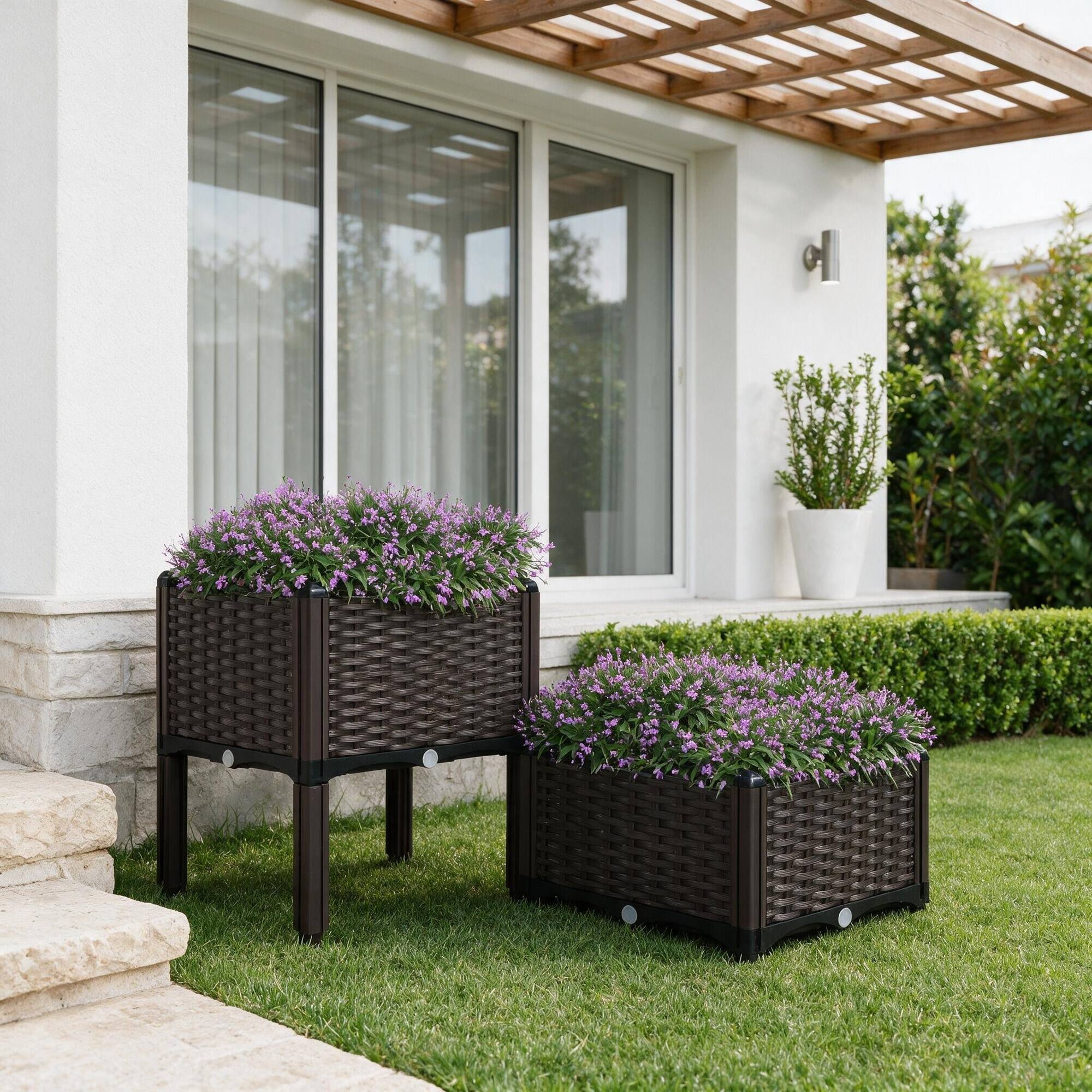 Alt View 1. RYHNUYNE - Outsunny Raised Garden Bed with Legs, Self-Watering Planter Box, Polypropylene Rattan Planter for Flowers, Herbs & - Matte Brown.