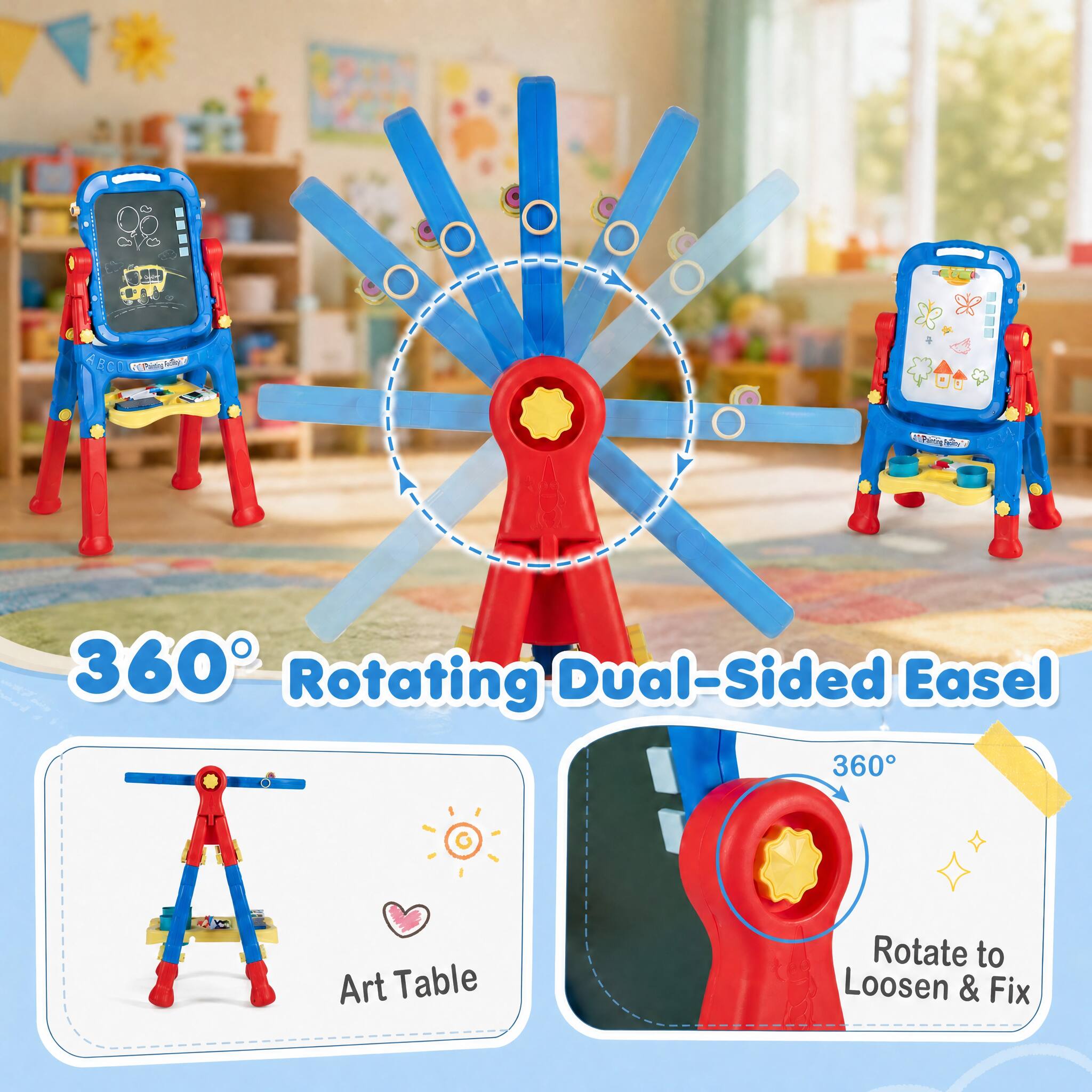 360° Rotating Dual-Sided Easel

Art Table

Rotate to Loosen & Fix