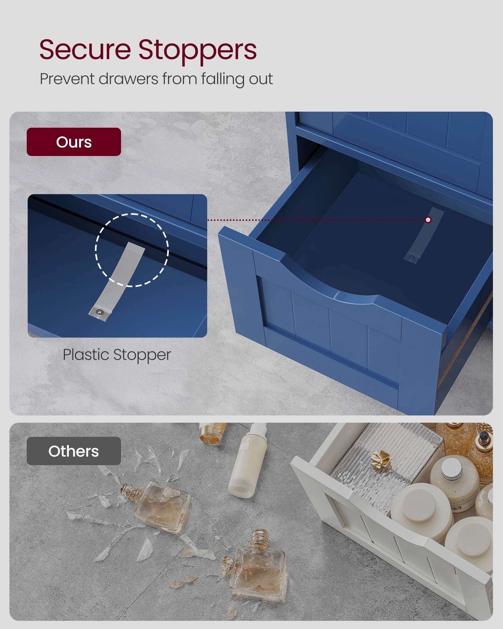 Secure Stoppers  
Prevent drawers from falling out  

Ours  
Plastic Stopper  

Others