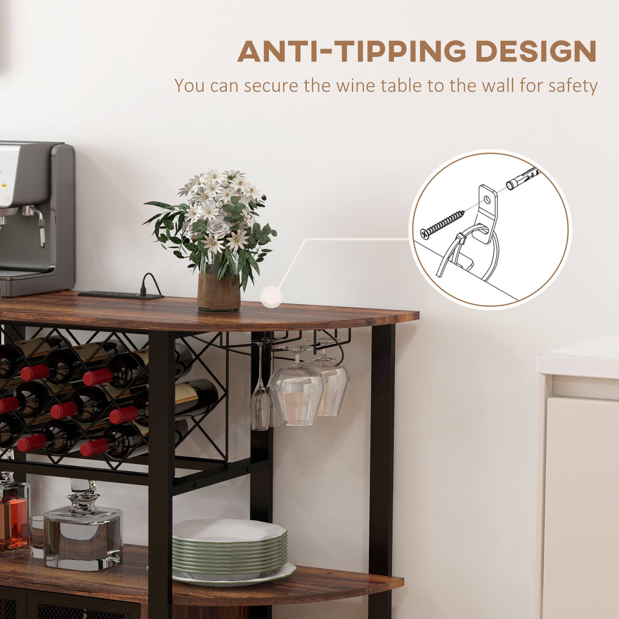 ANTI-TIPPING DESIGN  
You can secure the wine table to the wall for safety
