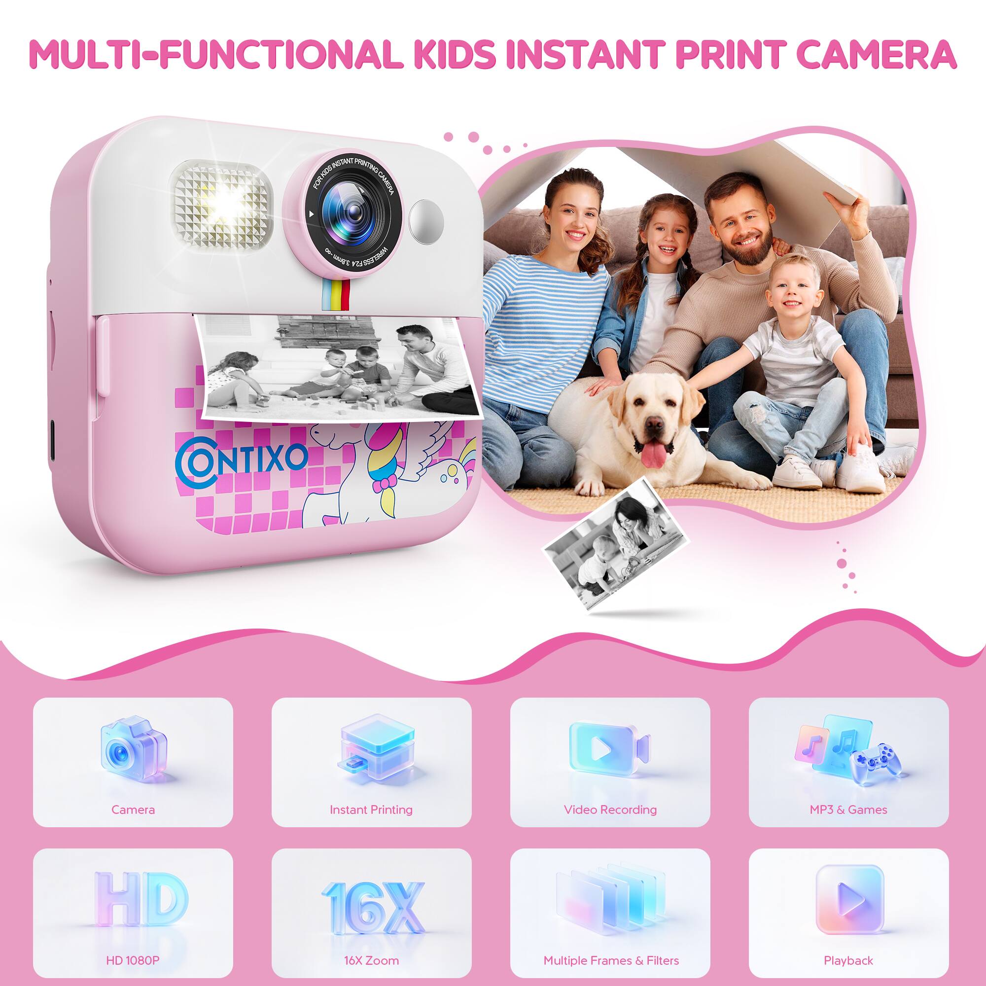 MULTI-FUNCTIONAL KIDS INSTANT PRINT CAMERA - SNS Camera Instant Printing Video Recording MP3 & Games HD 1080P 16X Zoom Multiple Frames & Filters Playback