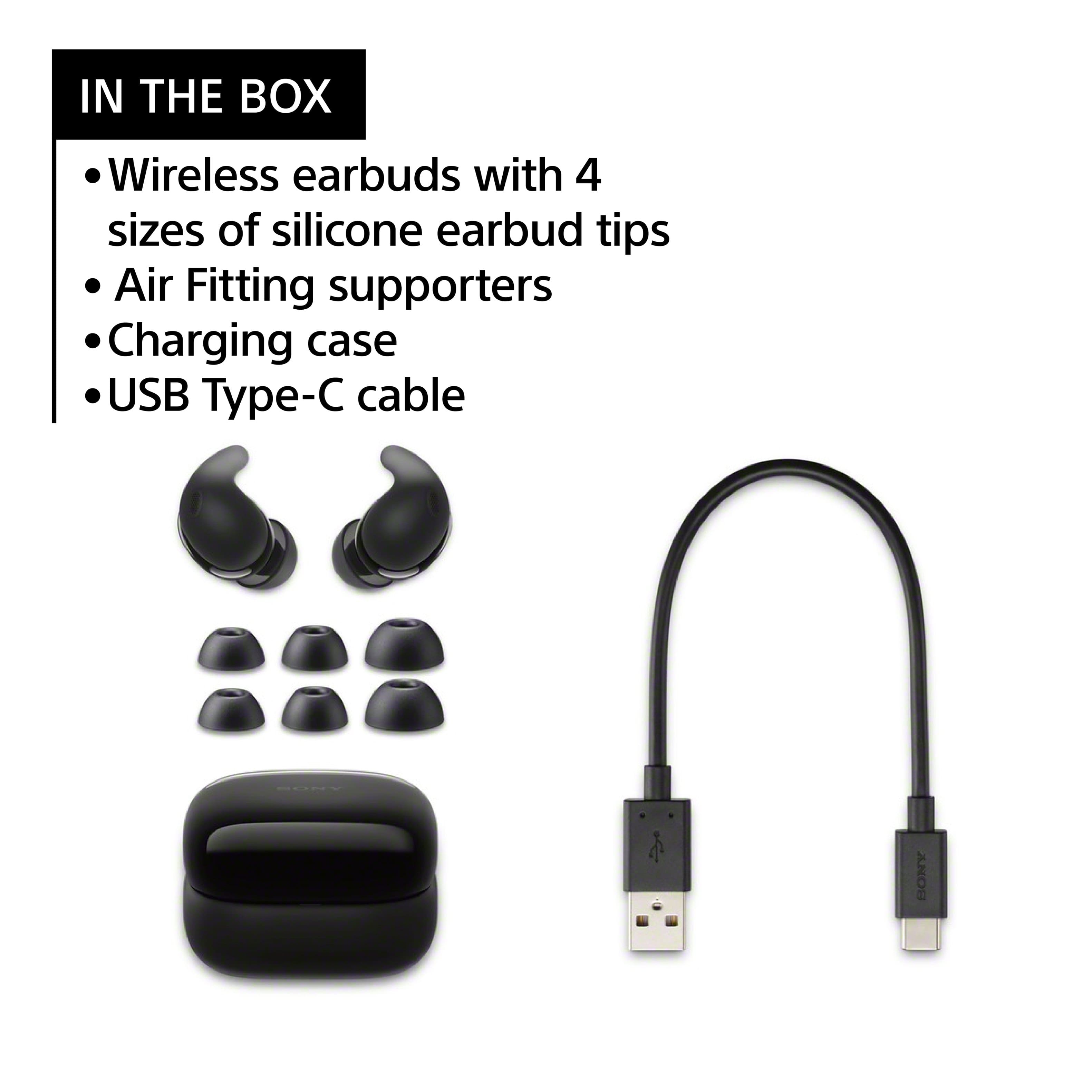 In the box, you will find wireless earbuds with four different sizes of silicone earbud tips, air fitting supporters, a charging case, and a USB Type-C cable.