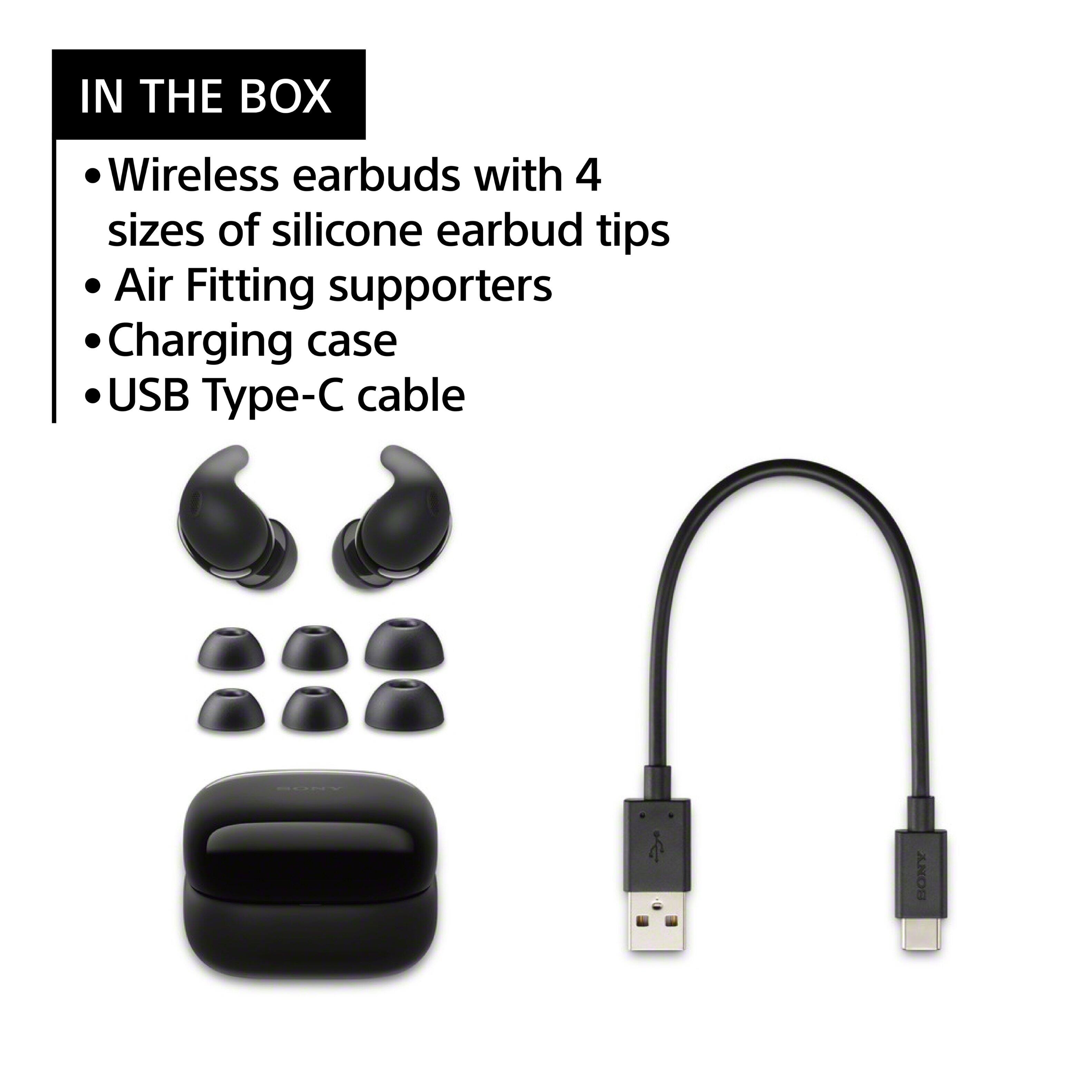 In the box, you will find wireless earbuds with four different sizes of silicone earbud tips, air fitting supporters, a charging case, and a USB Type-C cable.
