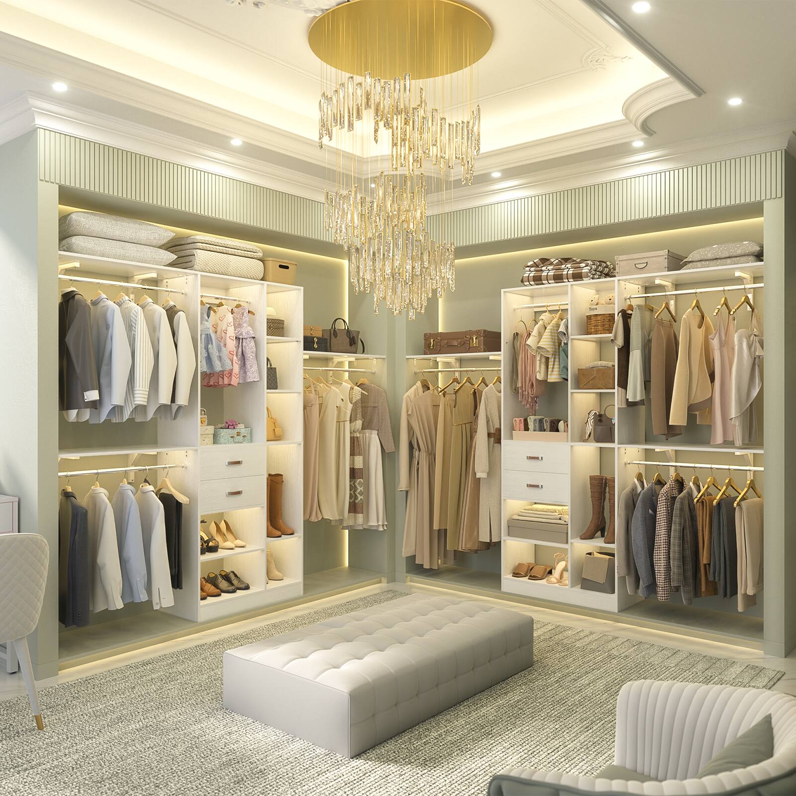 Alt View 2. Aheaplus - Upgraded 96'' Closet System with 13 Storage Shelves, 8FT Open Wardrobe System with 2 Wooden Drawers & 4 Hanging Rods - White.