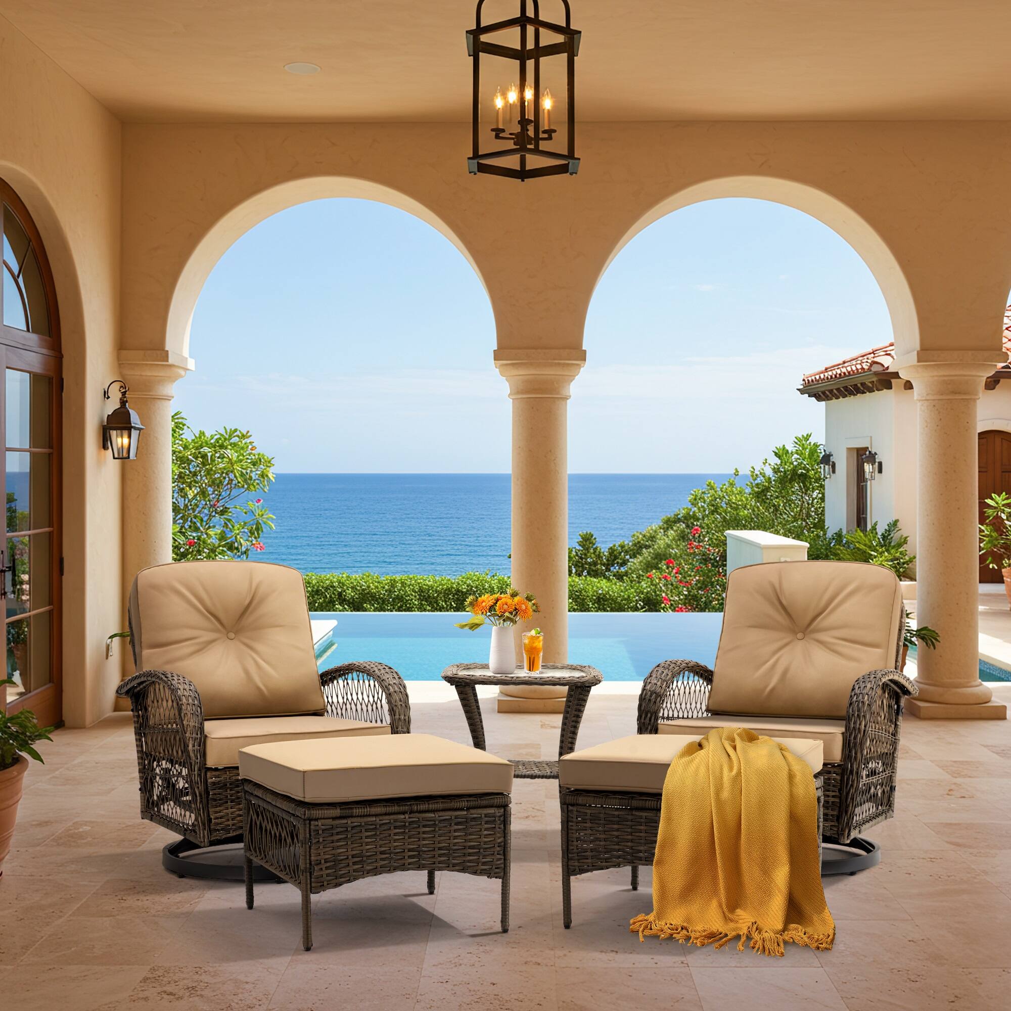 Left. U-HOMY - 360° Swivel Rocking Patio Chairs with Cushions & Tempered Glass Table, Wicker Conversation Set, 5-Piece - Khaki.