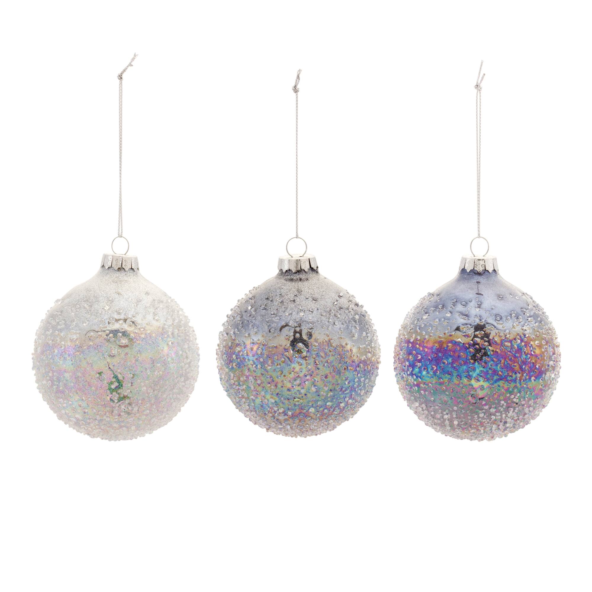 Angle. BreeBe - Irredescent Glass Ball Ornament (Set of 12) - Silver, Blue, White.