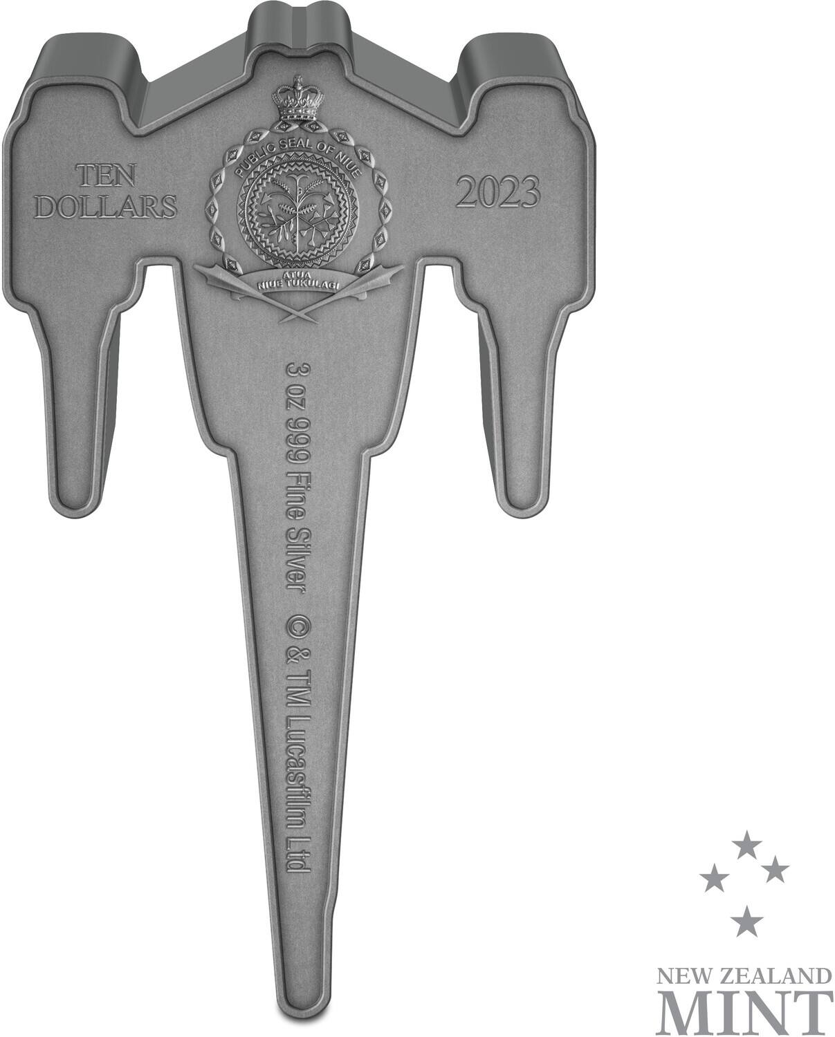 SEAL OF NIUE  
TEN DOLLARS  
2023  
PUBLIC SEAL OF NIUE  
ARIA CLO COROLAGE  
3 OZ 999 Fine Silver  
© & TM Lucasfilm Ltd  
NEW ZEALAND MINT