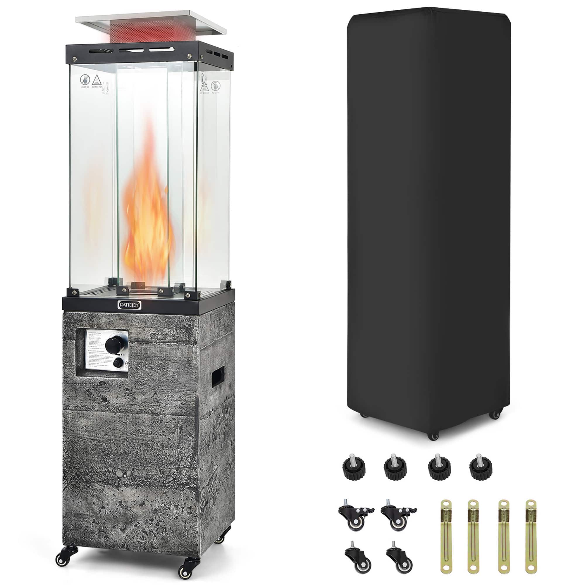 Gymax - 41,000 BTU Outdoor Propane Patio Heater Standing Faux Stone Concrete Glass Tube Heater w/ Metal Hood - Antique Black