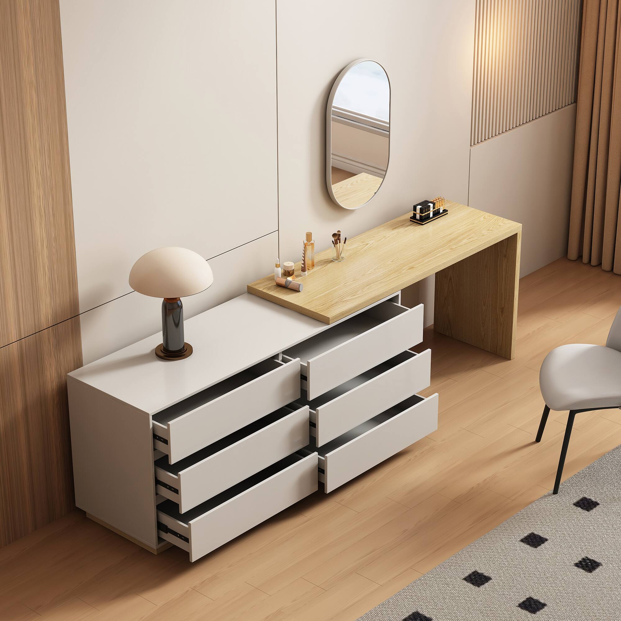 Back. luck idea - Modern Minimalist Expandable Vanity Desk with 6 Drawers, Space-Saving Dresser for Bedroom - Natural Wood Color.