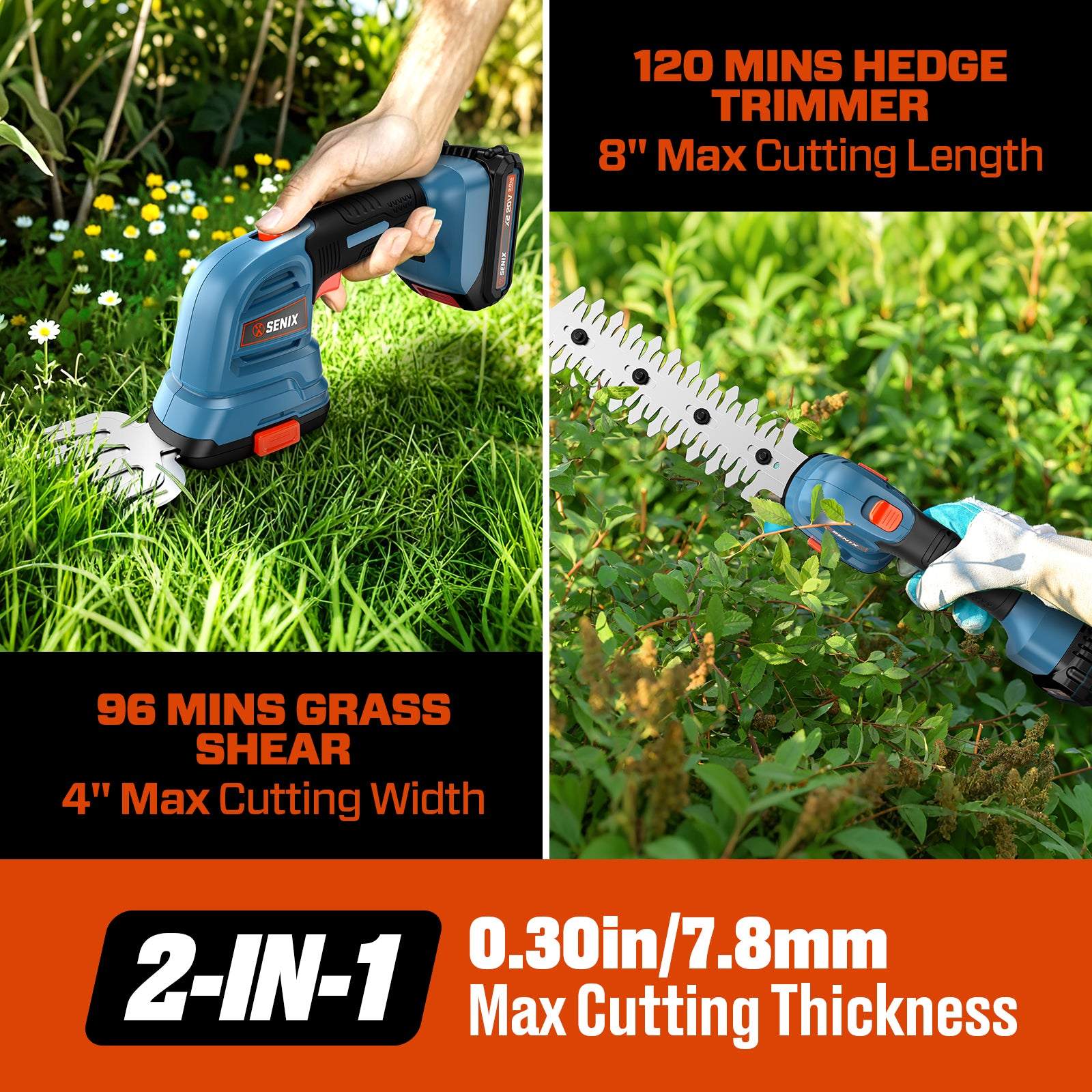 120 MINS HEDGE TRIMMER  
8" Max Cutting Length  

96 MINS GRASS SHEAR  
4" Max Cutting Width  

2-IN-1  
0.30in/7.8mm Max Cutting Thickness