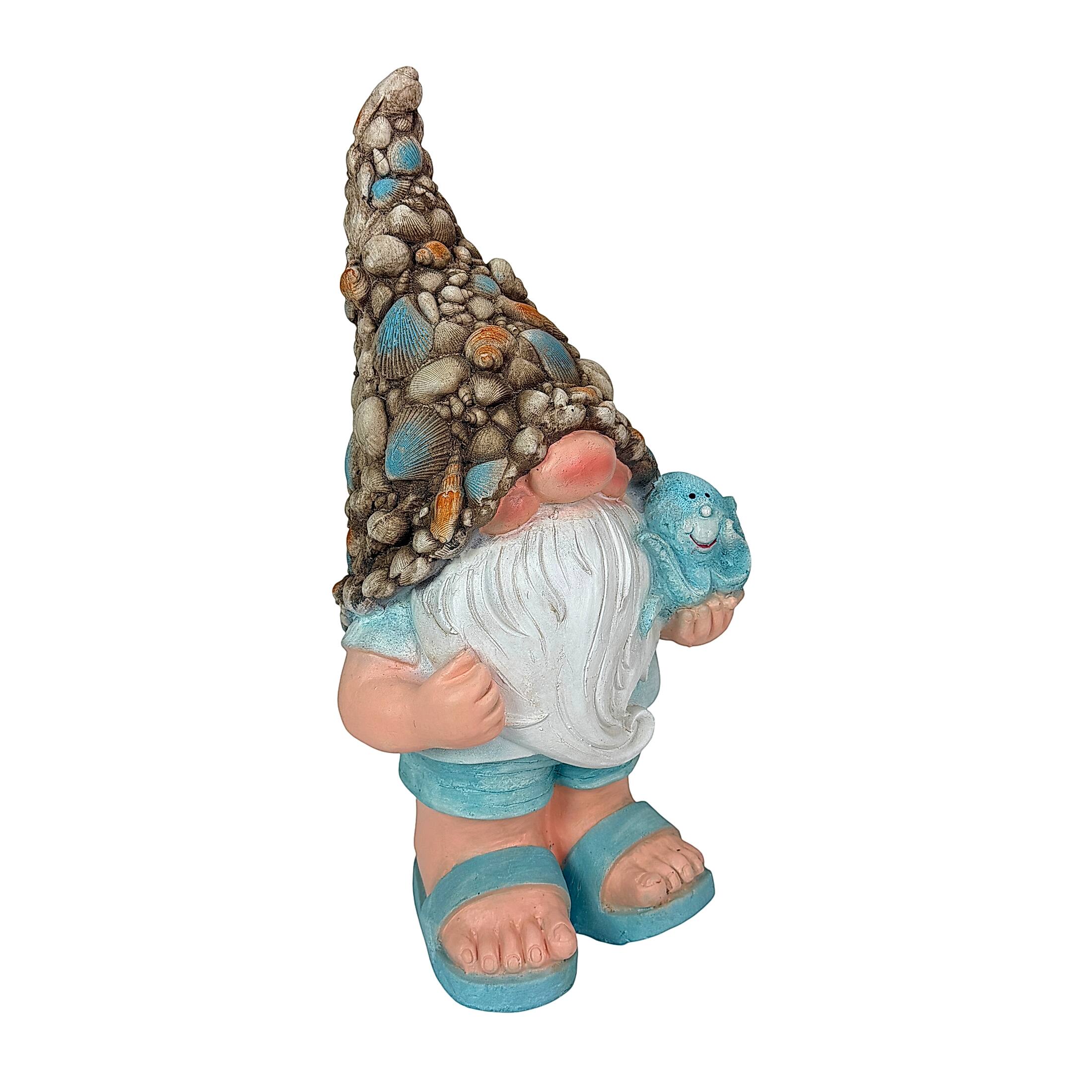 Alt View 1. Fancy That - Coastal Gnome Garden Statue with Octopus Shell Hat 22 Inch Magnesium Oxide Aqua - Aqua.