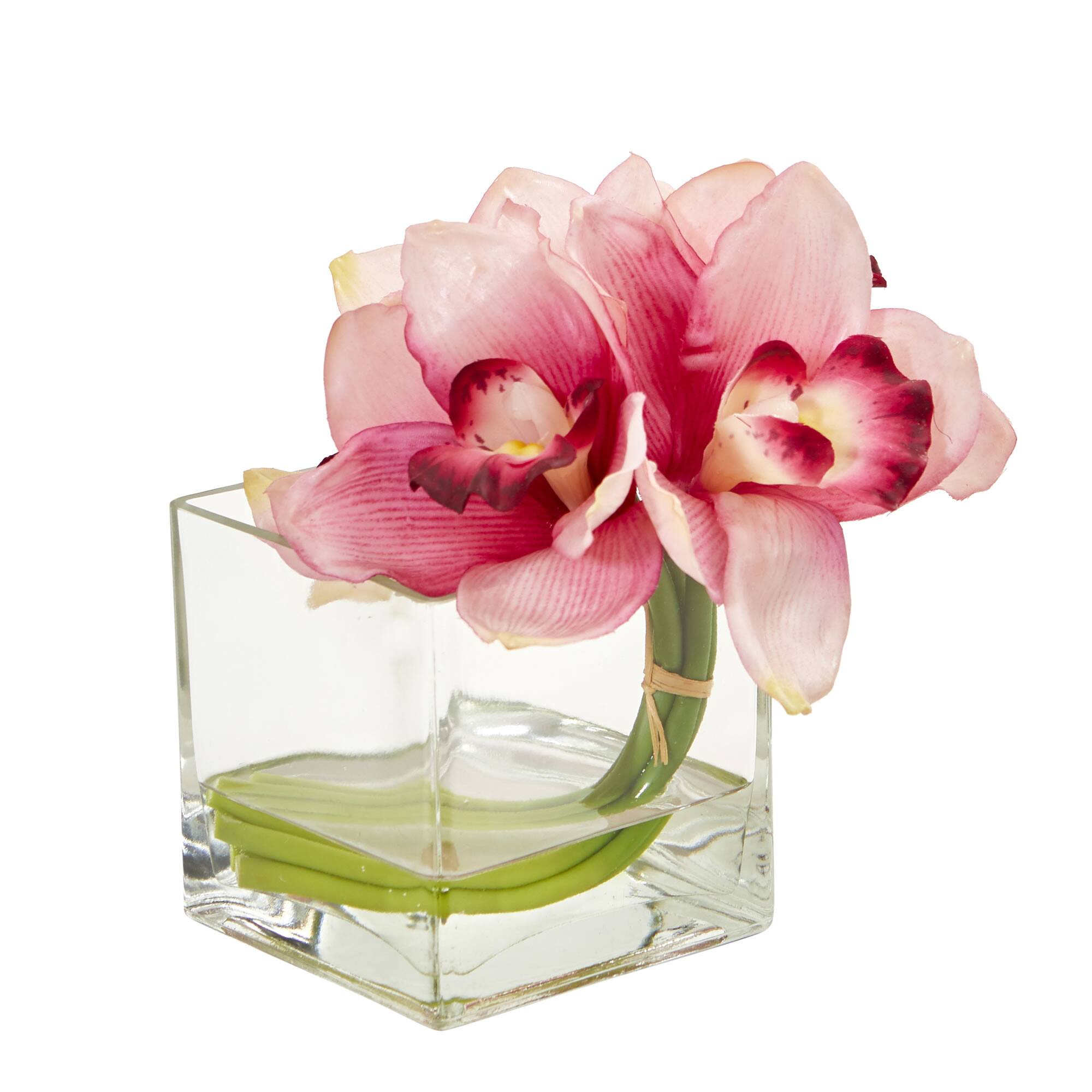 Angle. BreeBe - 8" Cymbidium Orchid Arrangement in Glass Vase (Set of 2) - Pink.