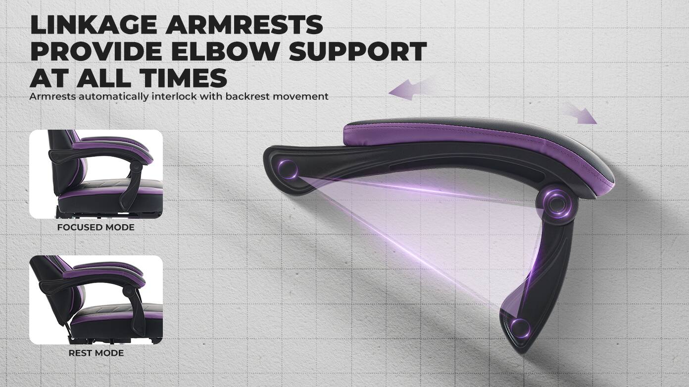 LINKAGE ARMRESTS PROVIDE ELBOW SUPPORT AT ALL TIMES  
Armrests automatically interlock with backrest movement  

FOCUSED MODE  
REST MODE