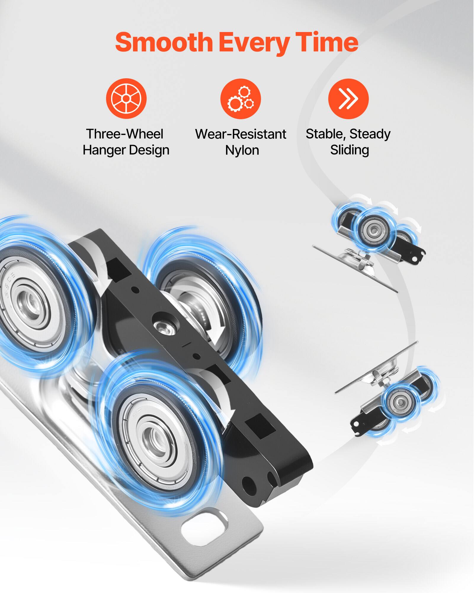 Smooth Every Time

- Three-Wheel Hanger Design
- Wear-Resistant Nylon
- Stable, Steady Sliding