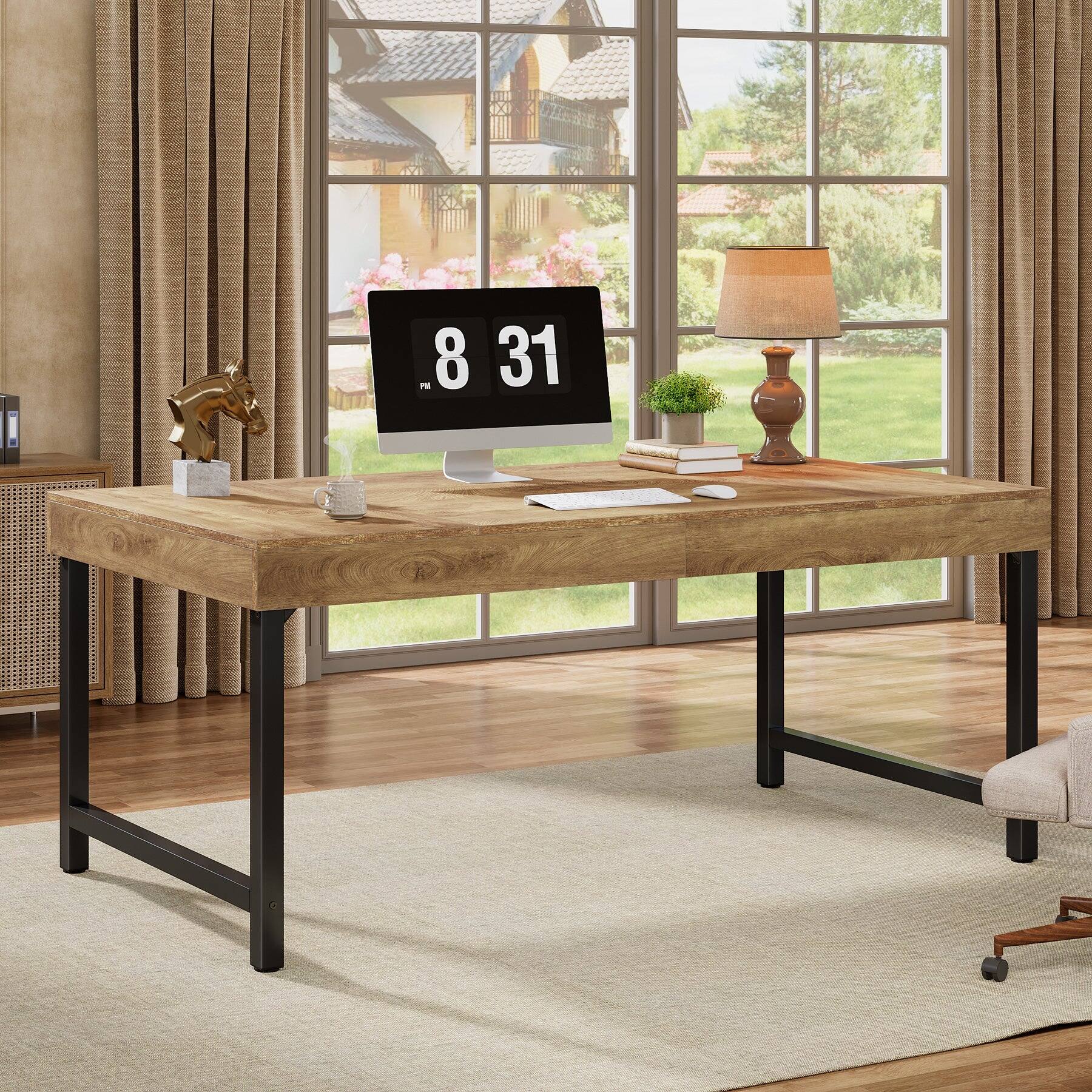 Angle. Tribesigns - Office Executive Desk with Metal Frame, Rectangular Top, for Computer Work and Writing in Home Offices - Brown.