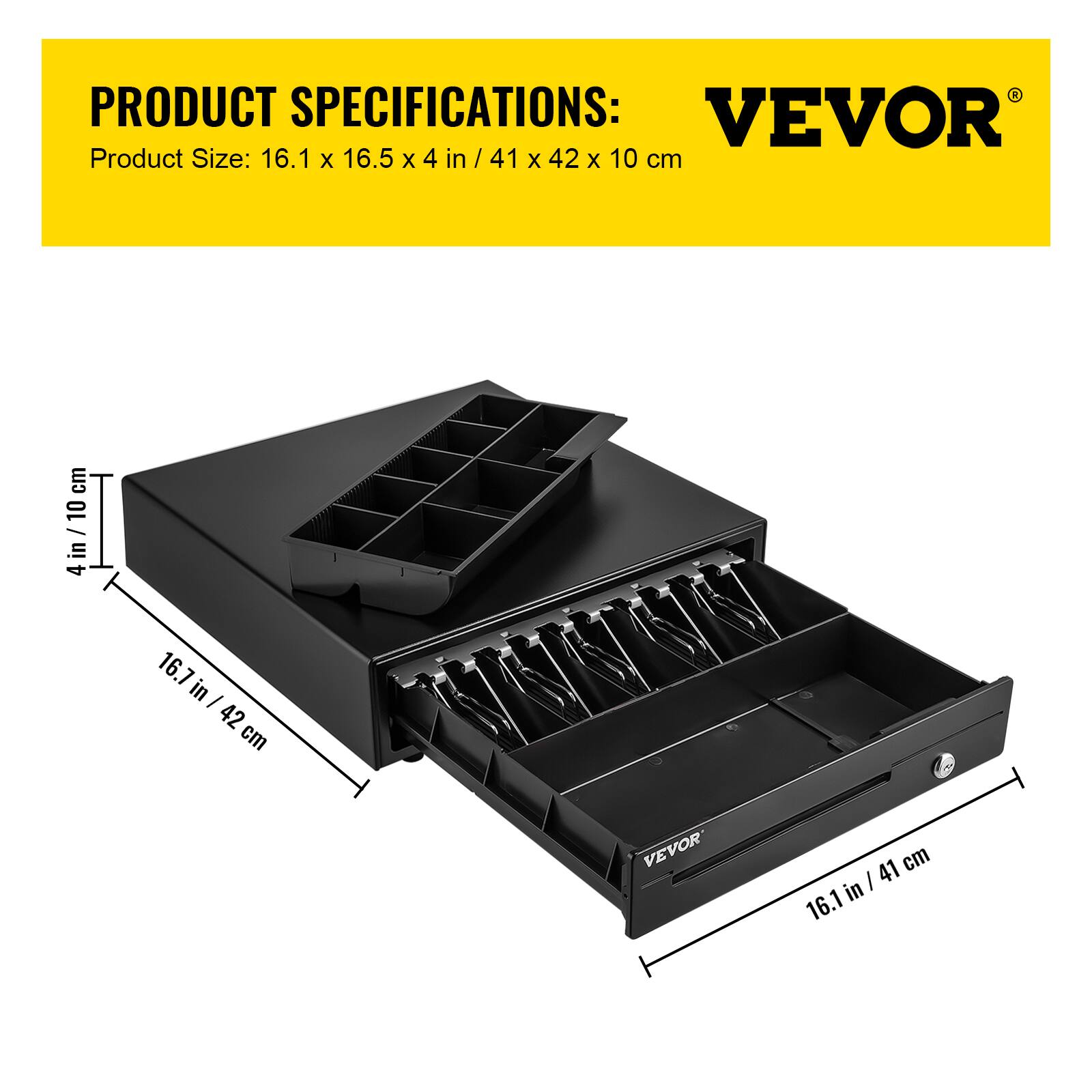 PRODUCT SPECIFICATIONS:
VEVOR
Product Size: 16.1 x 16.5 x 4 in / 41 x 42 x 10 cm
4 in / 10 cm
16.1 in / 42 cm
16.1 in / 41 cm