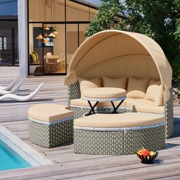Siljoy - TOPMAX Round Rattan Patio Daybed Sofa Set, 2-Tone Weave, Retractable Canopy, Removable Cushions - Light Coffee