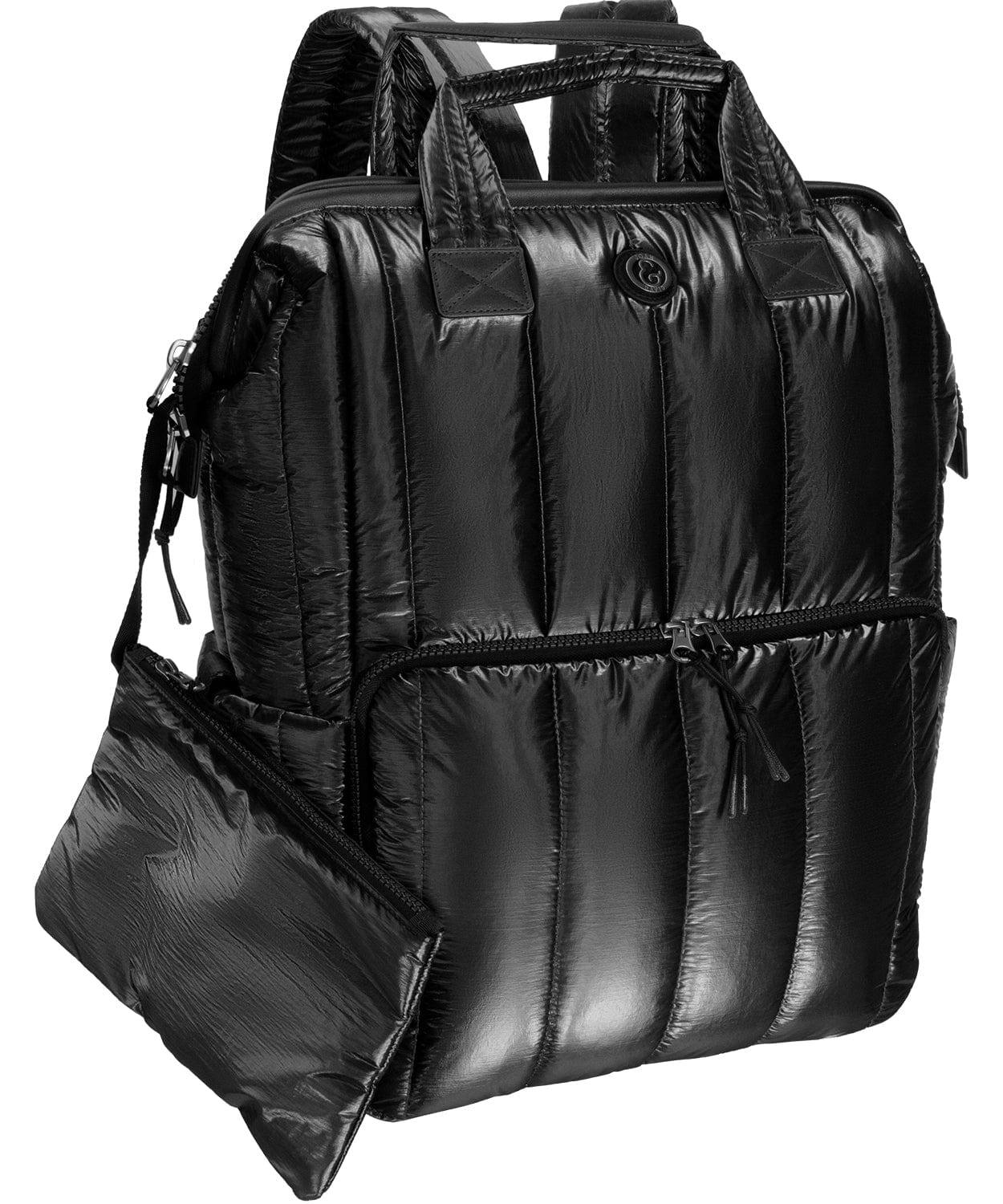 Front. Joan & David - Joan & David 18 Inch Metallic Puffer Nylon Tubular Quilted Square Workbook Backpack - Black - Black.