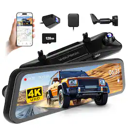 WOLFBOX - STARVIS 2 Sensor, 12'' Touch Screen, 4K(F)+2.5K(R) Rear View Mirror Dash Cam, 5.8GHz WiFi, G-Sensor, GPS, OEM Bracket - Black