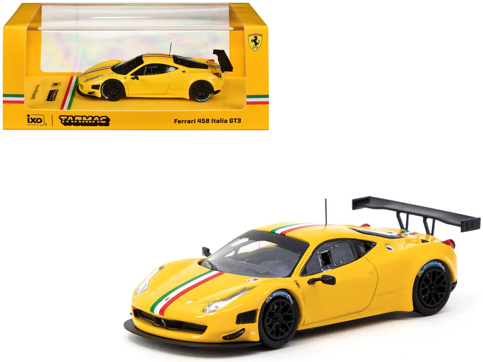 Ferrari 458 Italia GT3 with Italian Flag Stripes "Road64" Series 1/64 Diecast Model Car by Tarmac Works - Yellow