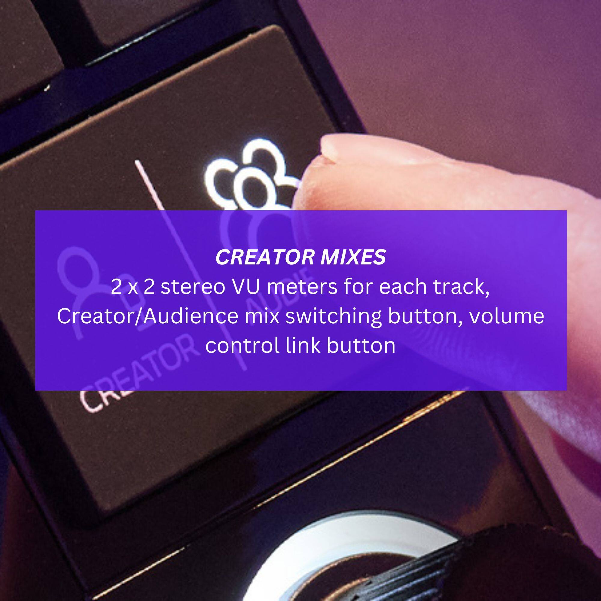 CREATOR MIXES: 2 x 2 stereo VU meters for each track, Creator/Audience mix switching button, volume control link button.