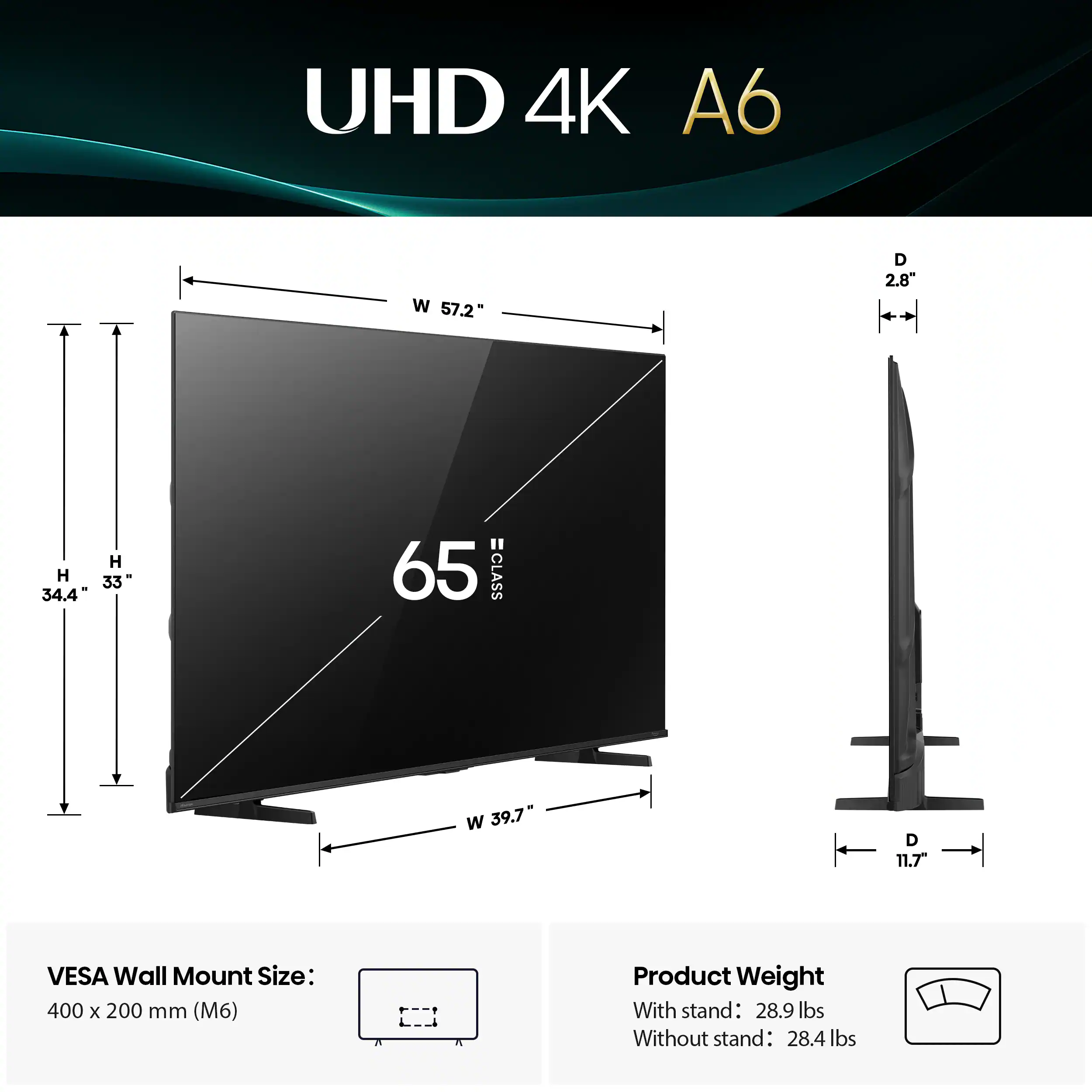 UHD 4K A6  
65 CLASS  
W 57.2"  
H 34.4"  
D 2.8"  
W 39.7"  
D 11.7"  
VESA Wall Mount Size: 400 x 200 mm (M6)  
Product Weight  
With stand: 28.9 lbs  
Without stand: 28.4 lbs