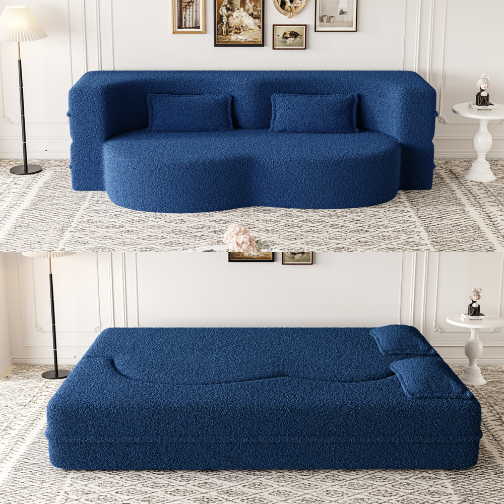 Front. Trinkets Crazed - Convertible Sleeper Sofa Bed,15" Thick Full Size Folding Floor Couch, Teddy Fabric Foam-Filled Futon Loveseat Couch - Blue.