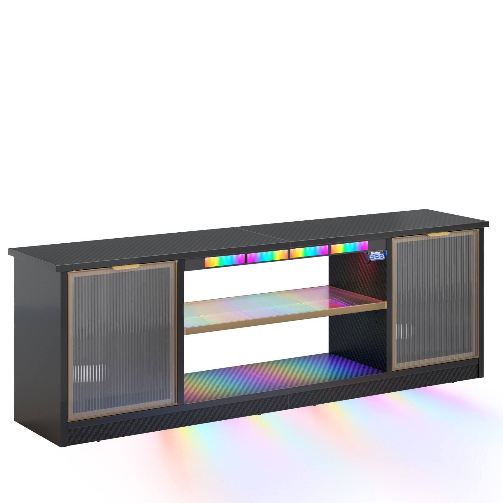 Angle. Bestier - 57-inch Gaming TV Stand with RGB Music Sync Lights, Aluminum Frames & Cable Management - Black Carbon Fiber.