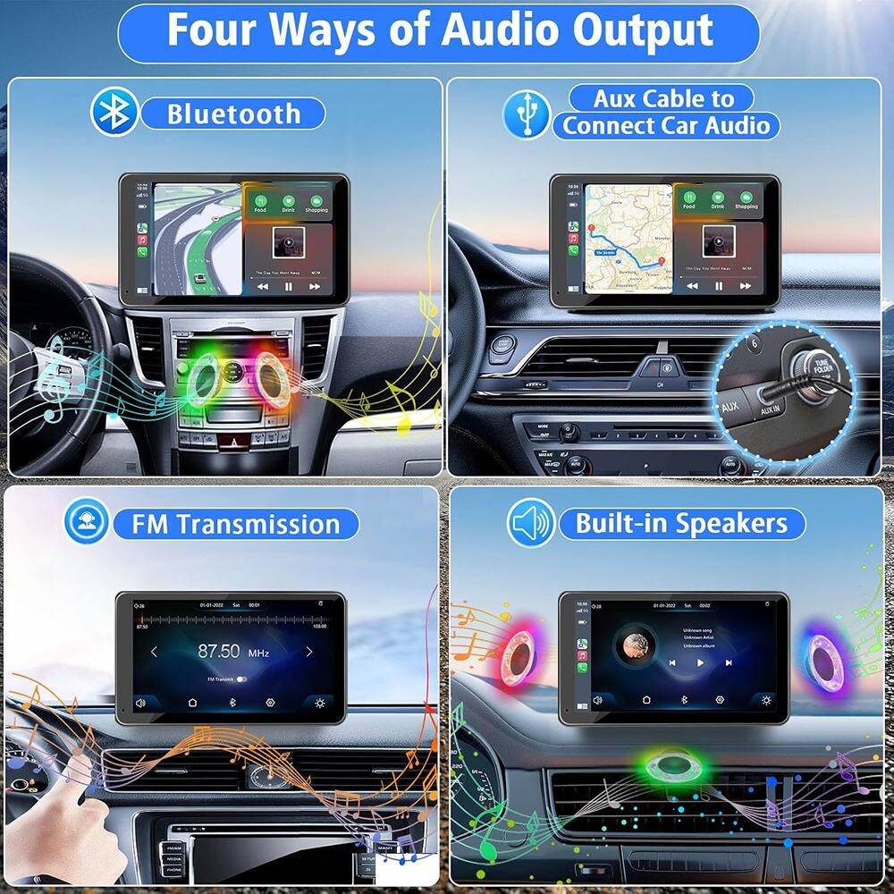 Four Ways of Audio Output

- Bluetooth
- Aux Cable to Connect Car Audio
- FM Transmission
- Built-in Speakers