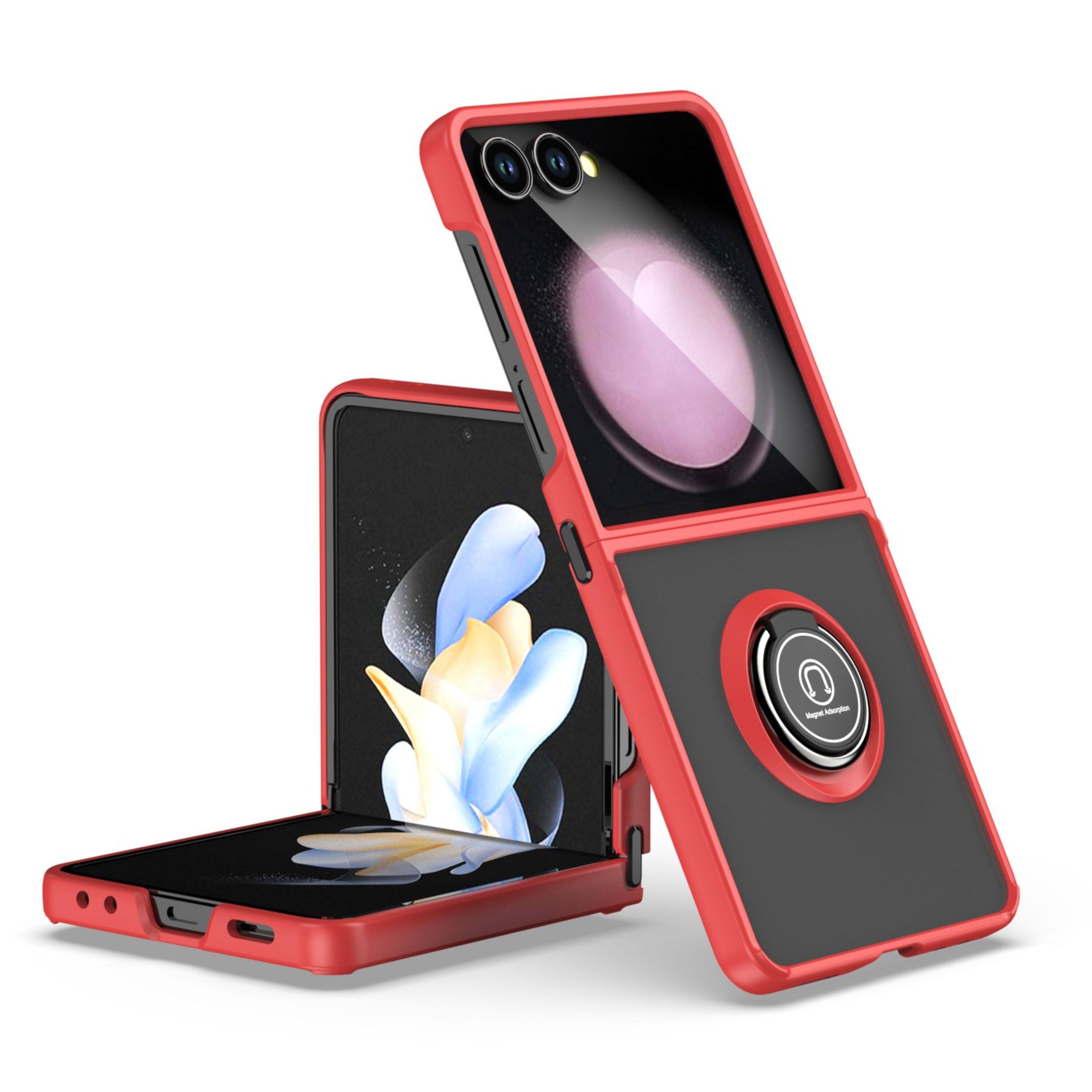 Left. Kitcheniva - Frosted Back Case With Metal Ring Stand Tempered Glass For Samsung Z Flip7 Clear/Red - Clear/Red.