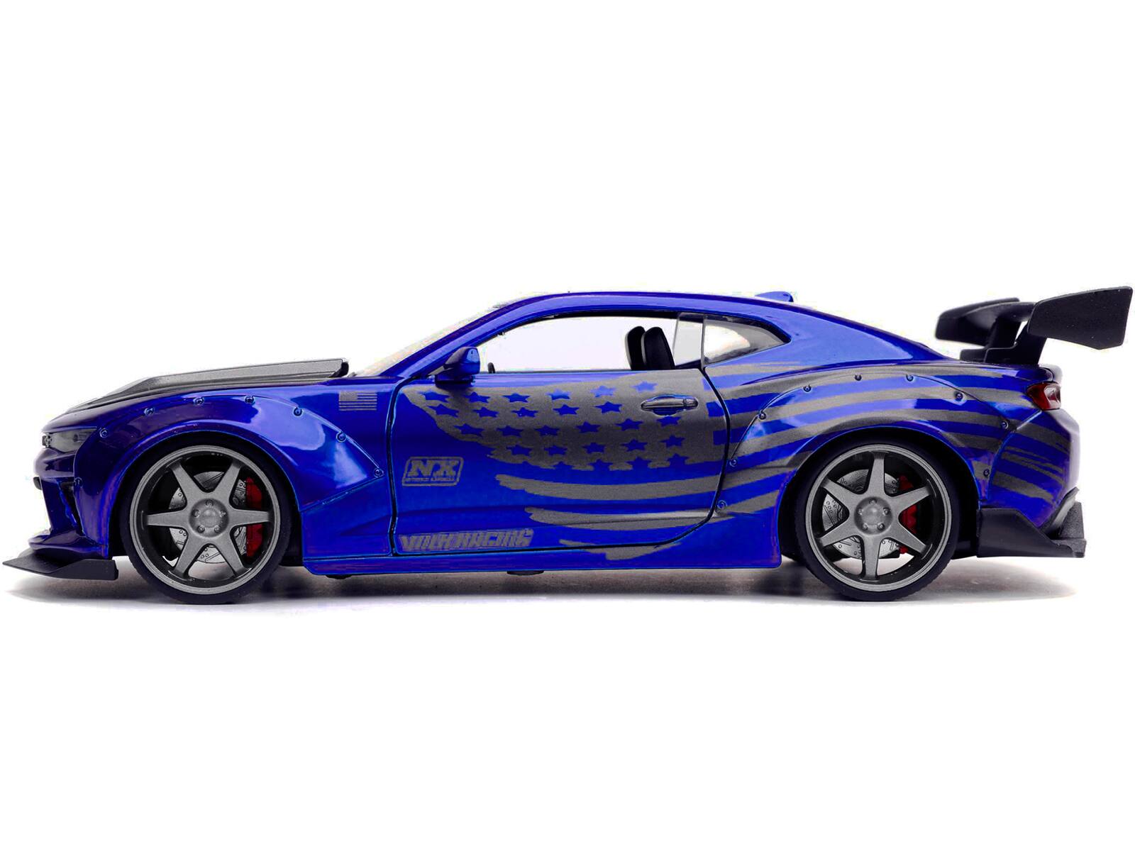 Left. Jada - 2016 Chevrolet Camaro Widebody Candy Blue Gray Metallic Hood with American Flag "Bigtime Muscle" 1/24 Diecast by Jada - Blue Gray Metallic.