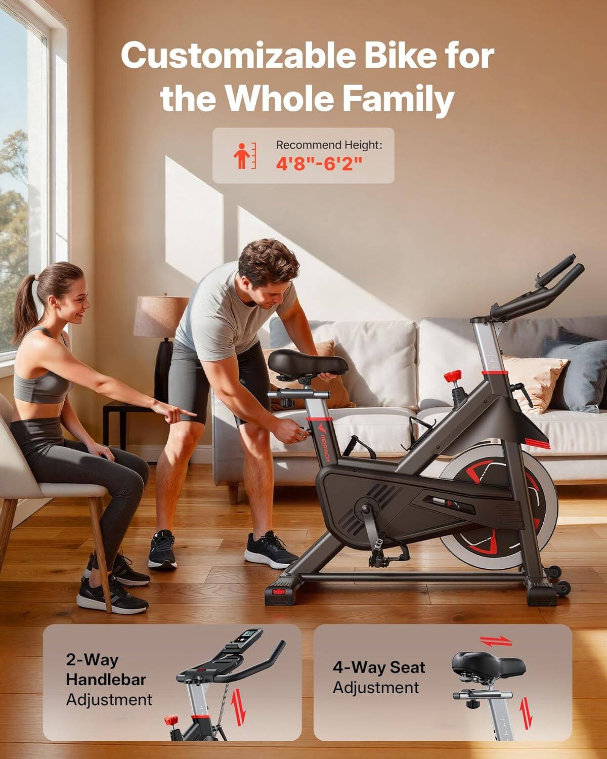 Customizable Bike for the Whole Family  
Recommend Height: 4'8"-6'2"  
IRERACH  
2-Way Handlebar Adjustment  
4-Way Seat Adjustment