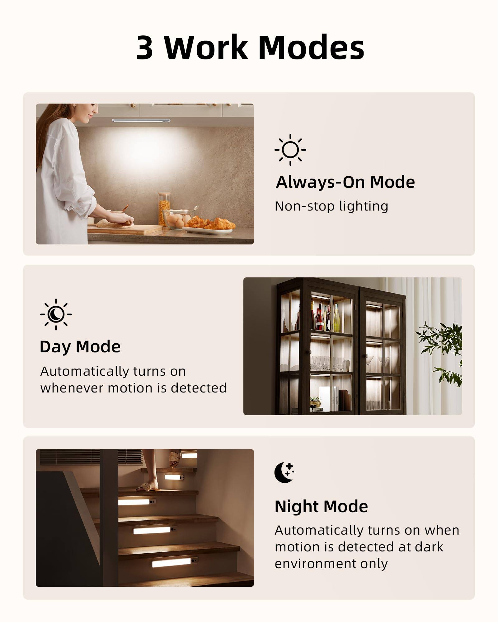 3 Work Modes

Always-On Mode  
Non-stop lighting

Day Mode  
Automatically turns on whenever motion is detected

Night Mode  
Automatically turns on when motion is detected at dark environment only